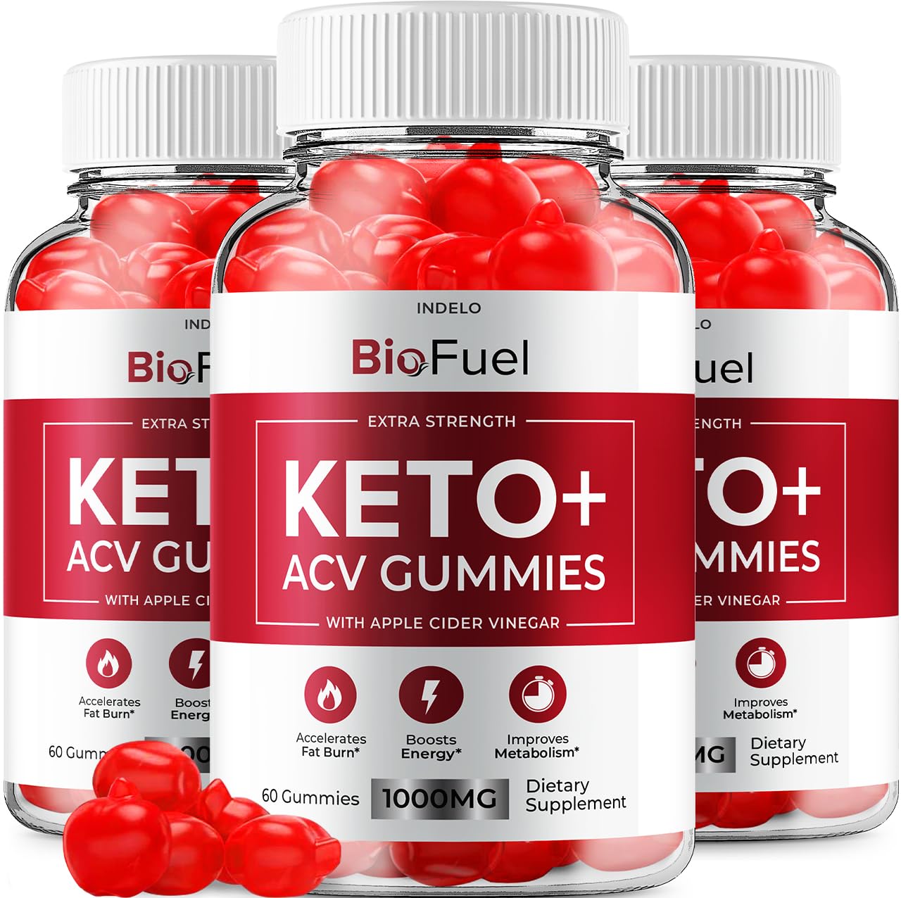 Indelo BioFuel Keto ACV Gummies bottle front highlighting keto support and ACV benefits.