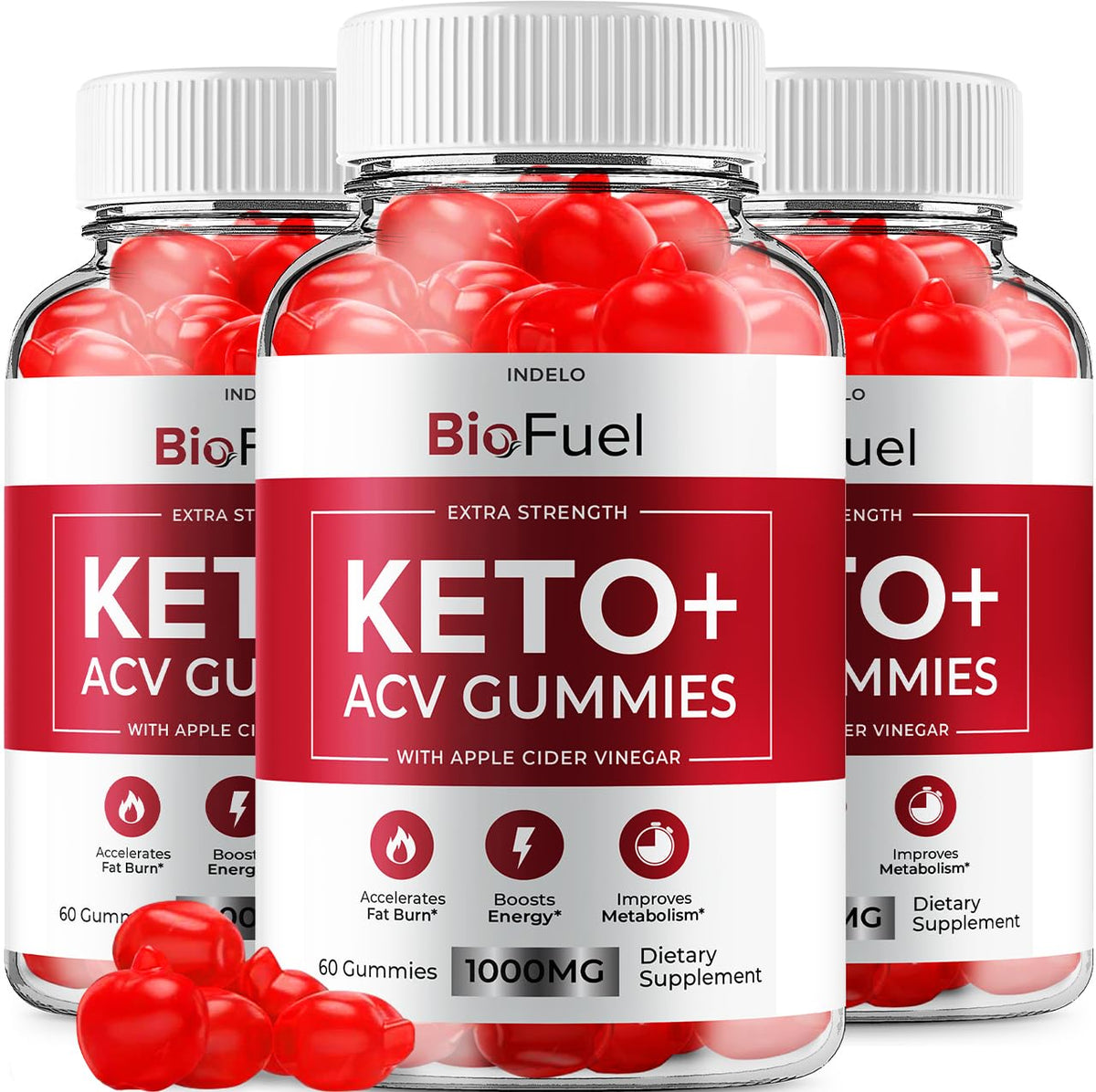 Indelo BioFuel Keto ACV Gummies bottle front highlighting keto support and ACV benefits.