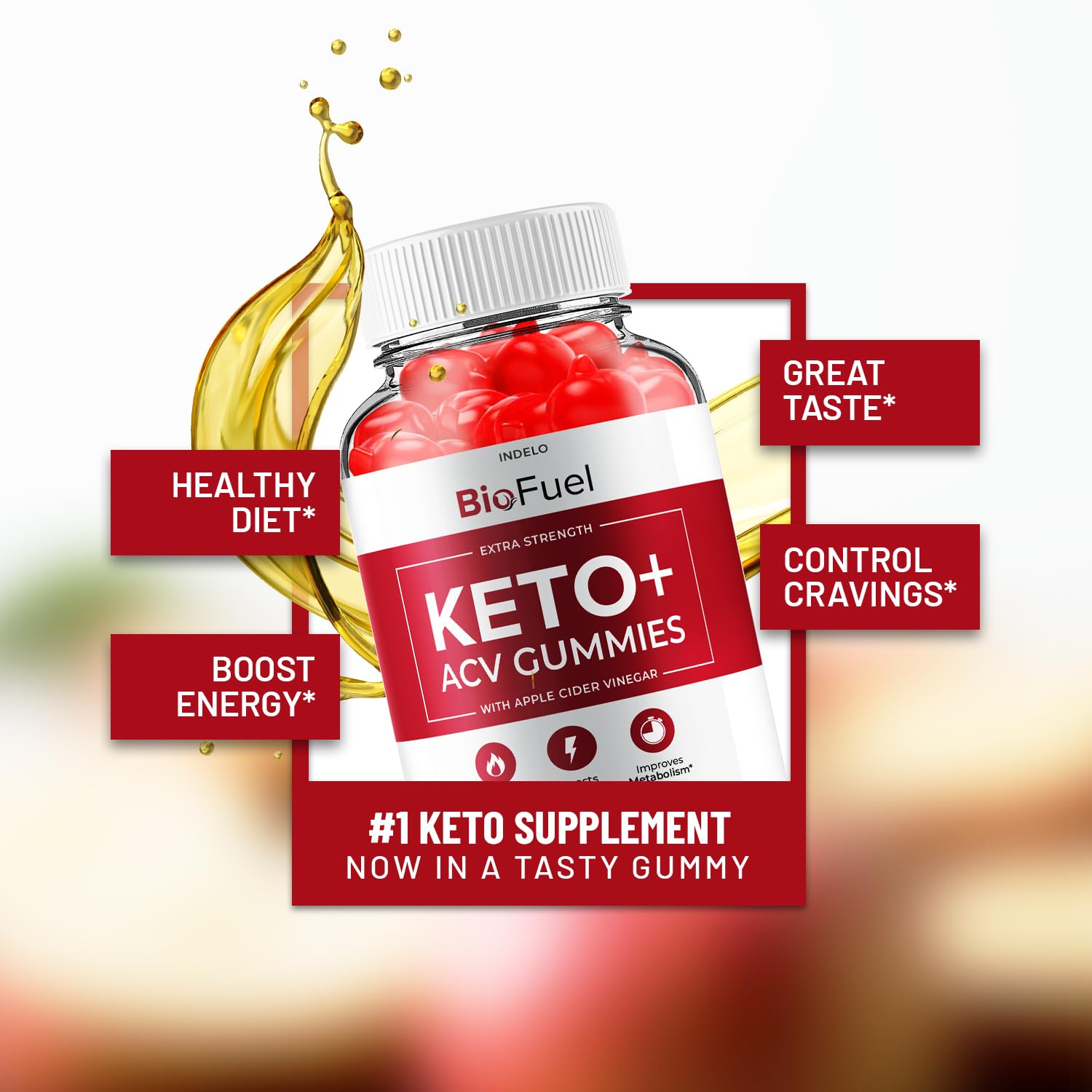 Closeup of Indelo BioFuel Keto ACV Gummies showing texture and color.