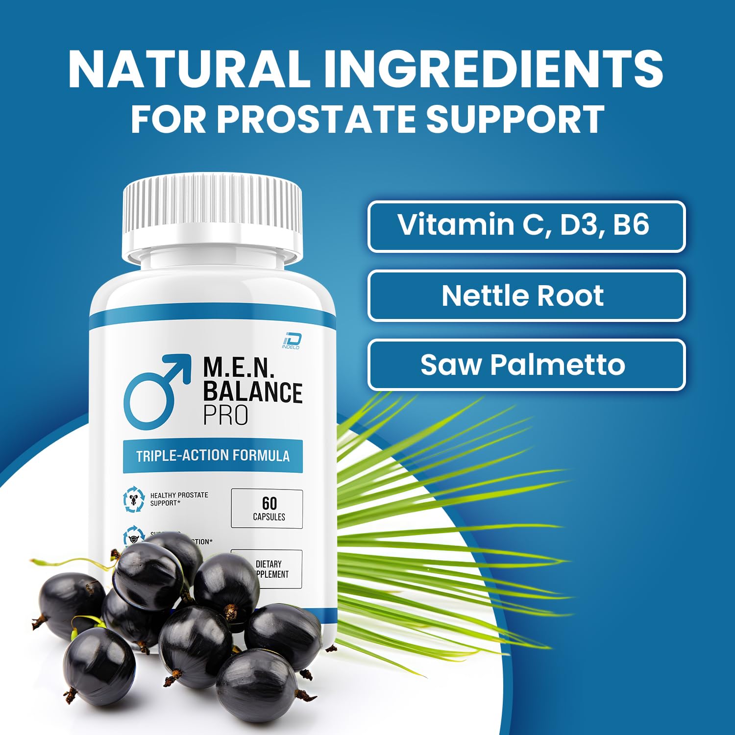 Close-up of M.E.N Balance Pro capsules showing natural blend.