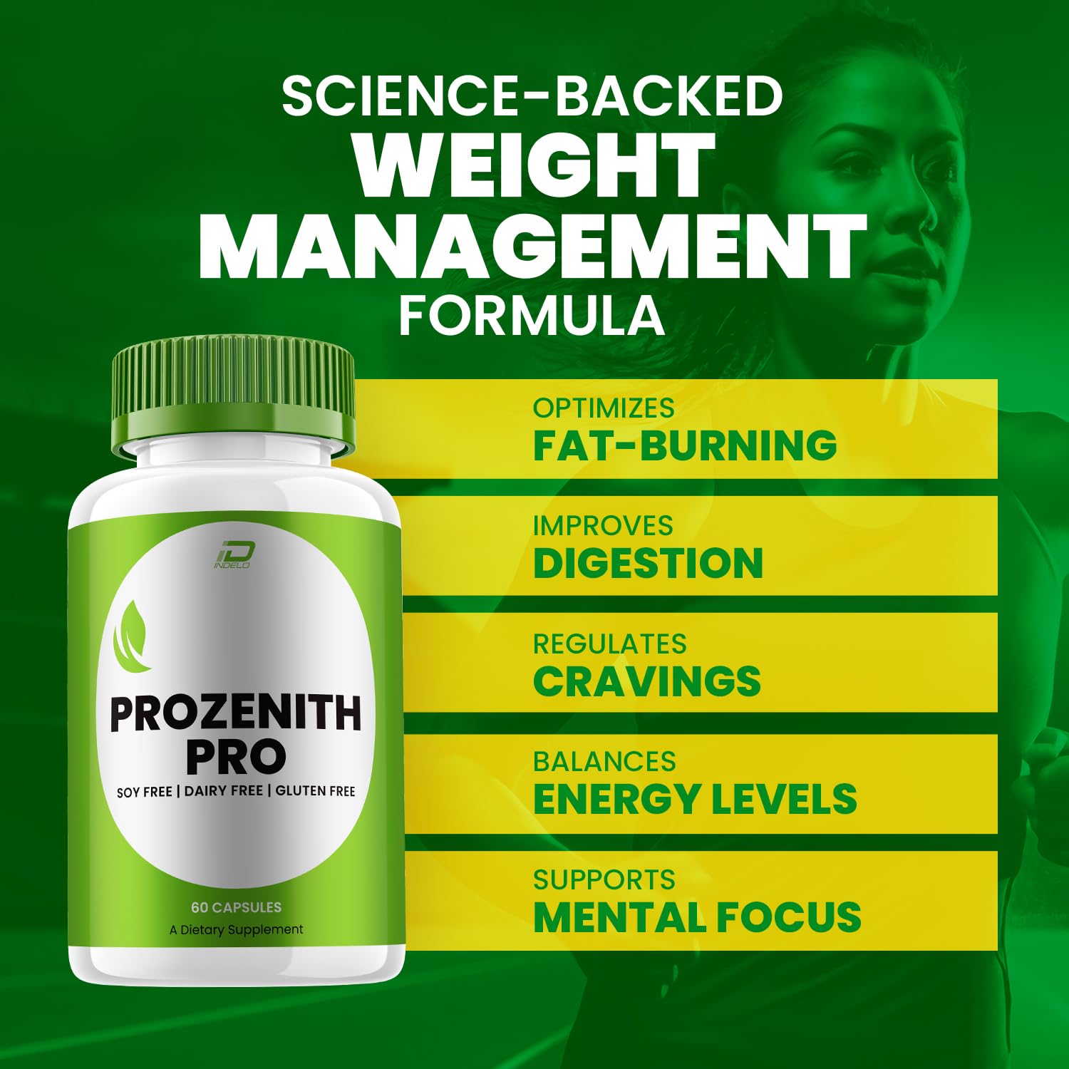 Indelo Prozenith Pro capsules label closeup showing natural ingredient emphasis.