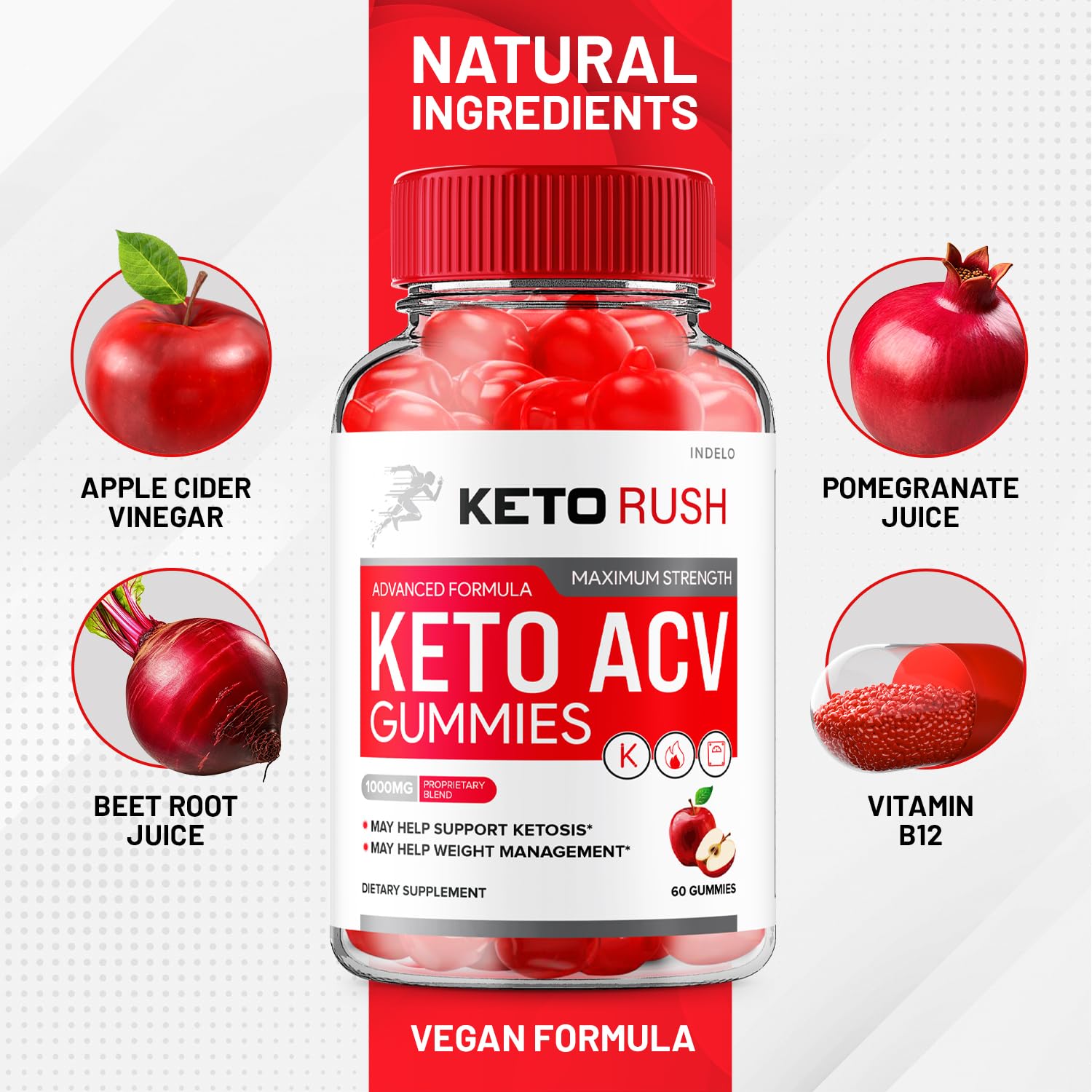 Indelo Rush Keto ACV Gummies bottle close-up highlights label and 1000mg formula.