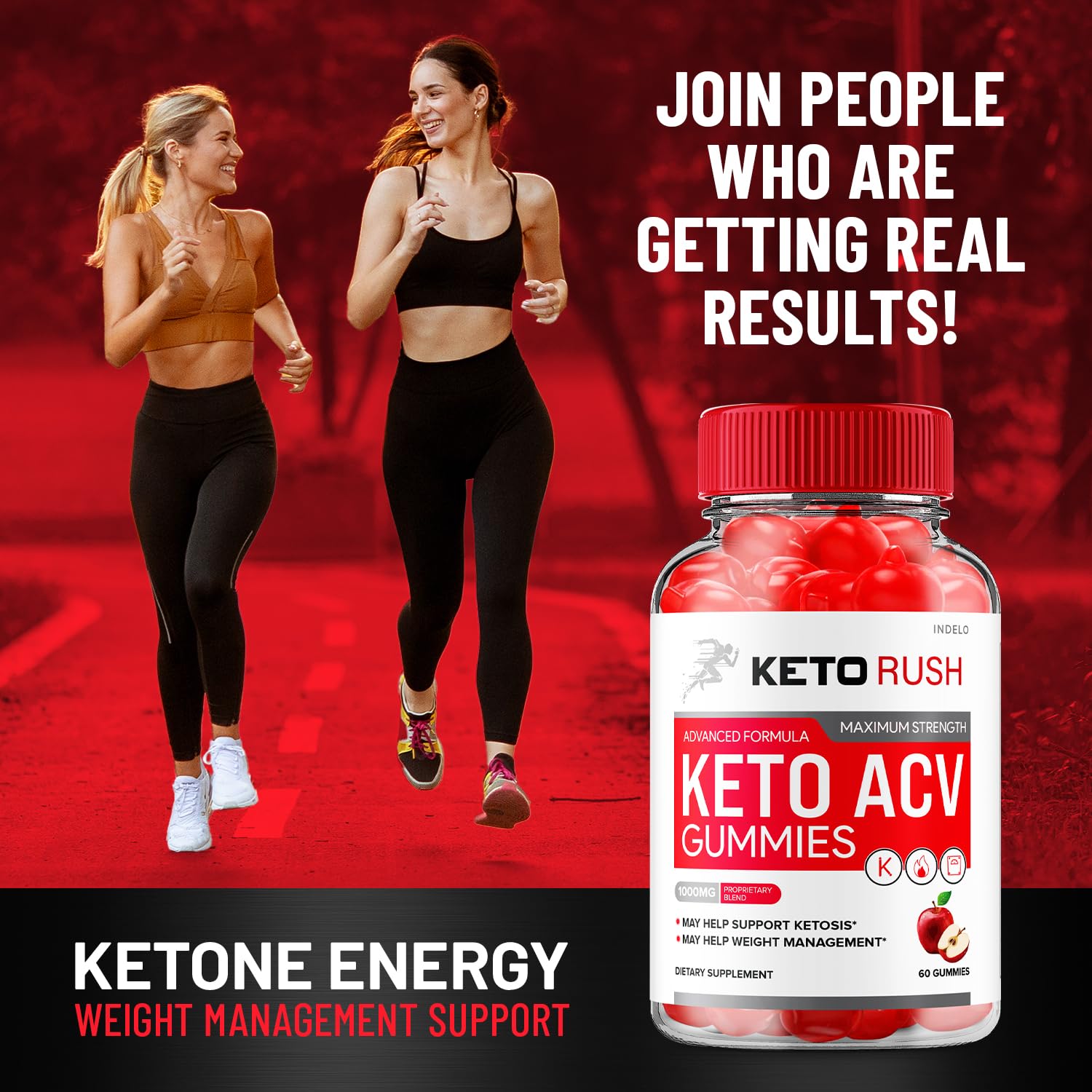 Indelo Rush Keto ACV Gummies bottle with gummies inside emphasizes easy daily snacking.