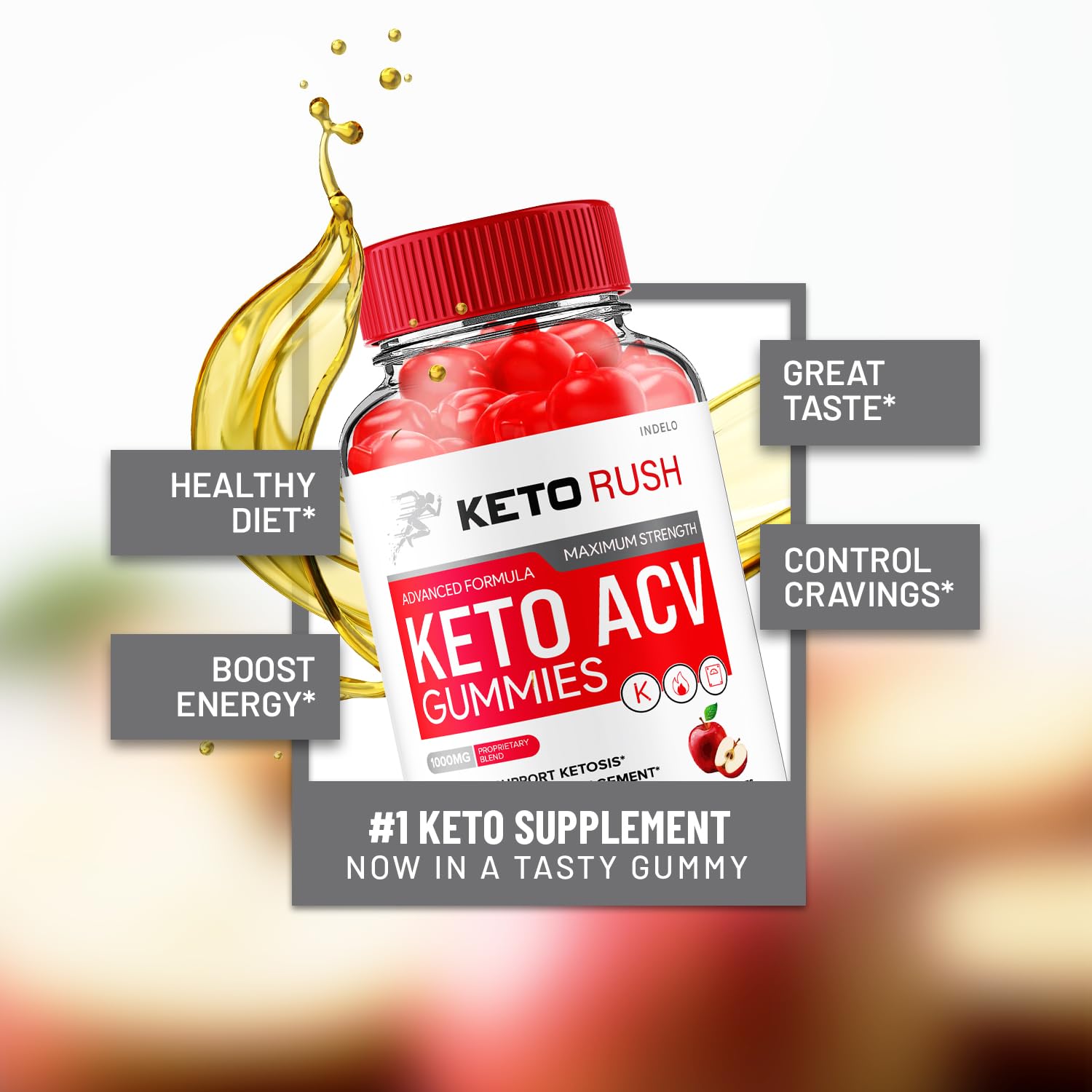 Indelo Rush Keto ACV Gummies ingredients panel close-up featuring ACV, B12, beet juice.