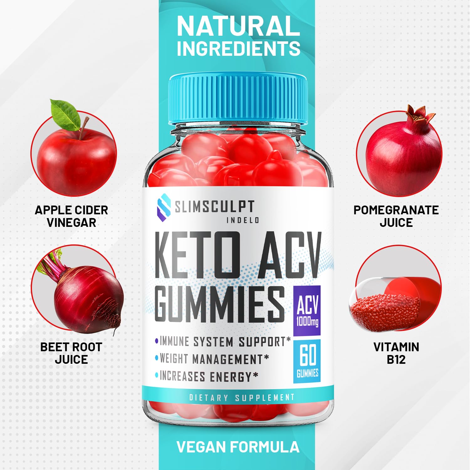 Indelo SlimSculpt Keto ACV Gummies with beet juice and pomegranate powder, hinting at vibrancy.