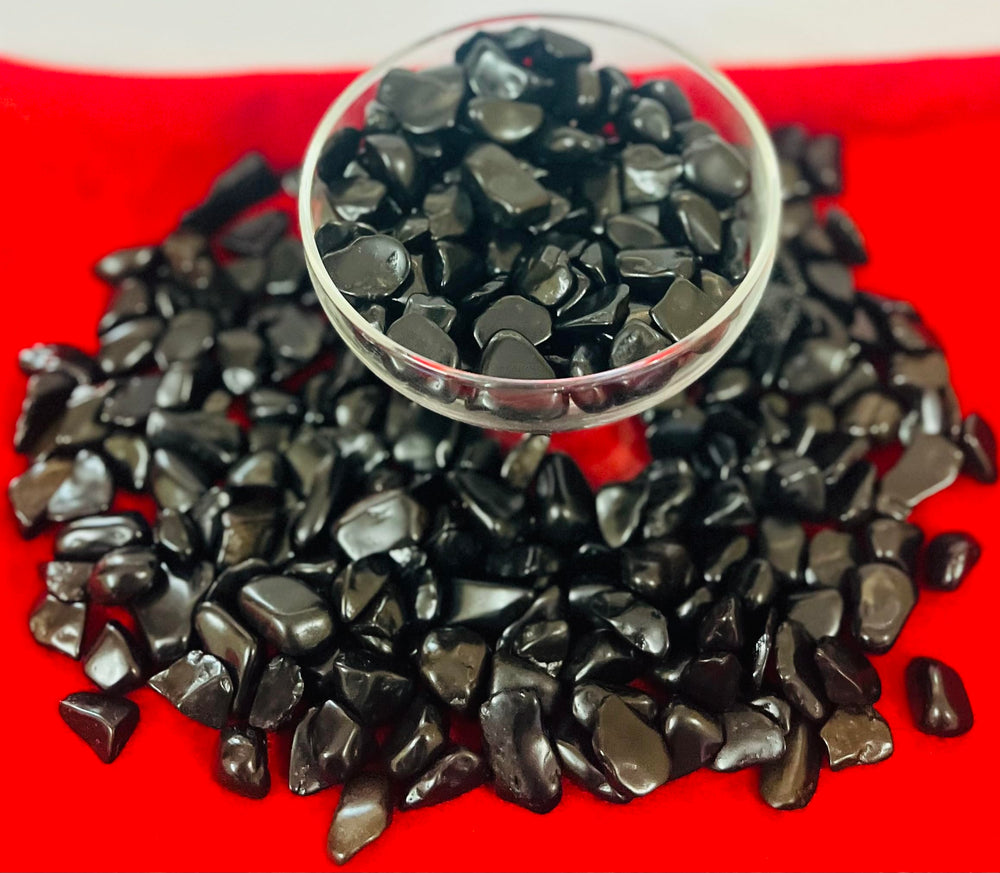 Black Agate crystal chips from Indian Consigners for meditation spaces.