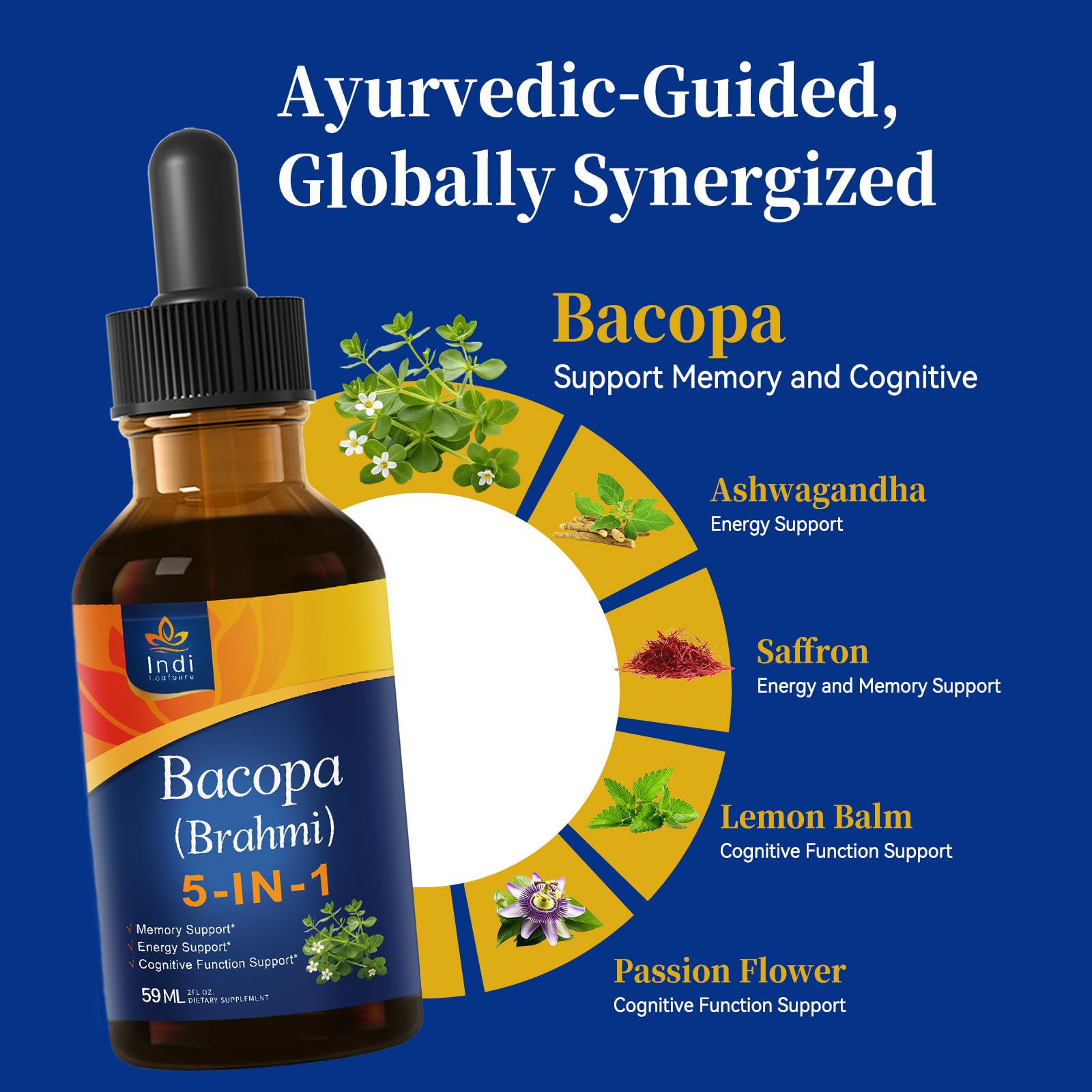 Droplet close-up of IndiLeafpure Bacopa Drops highlights rich botanical blend.