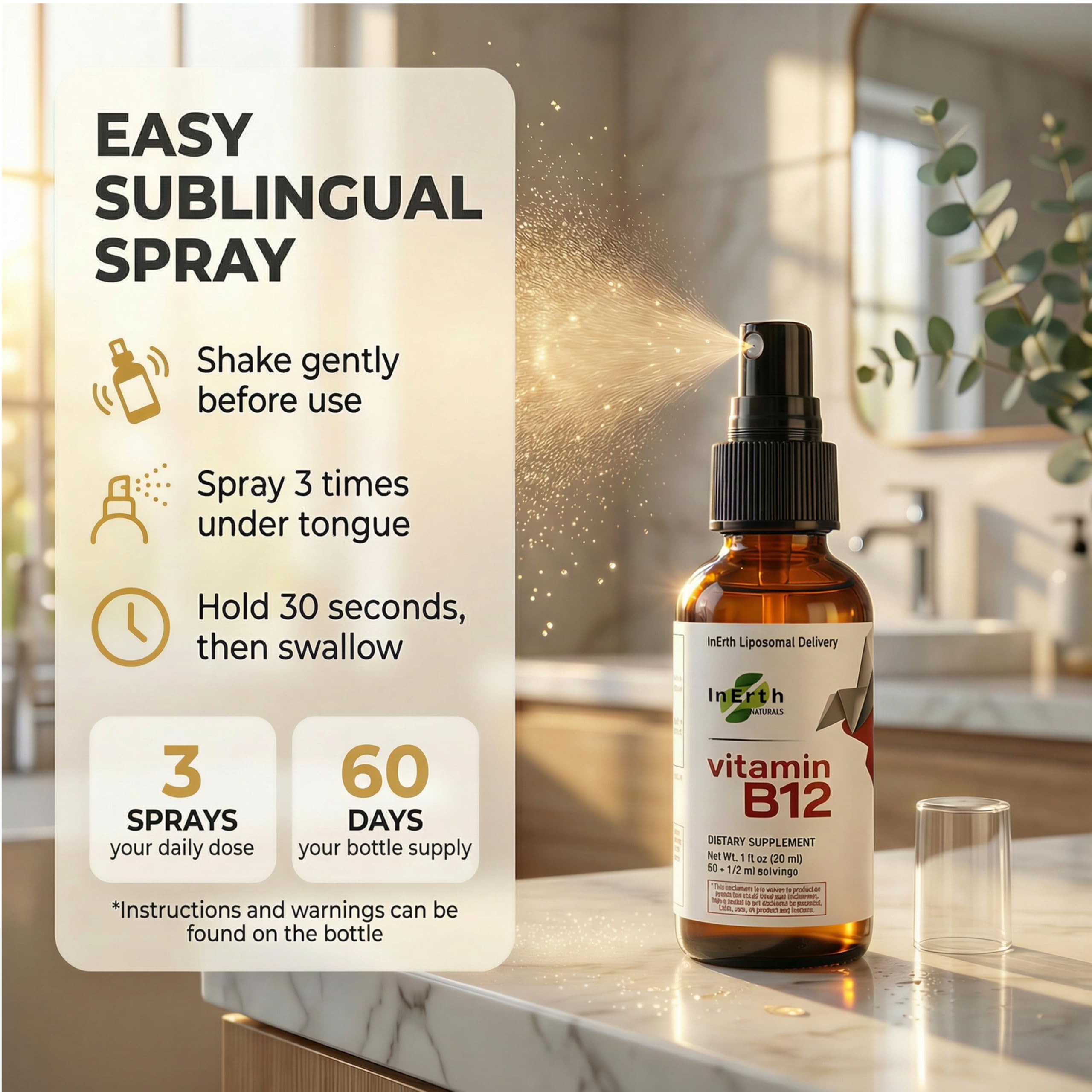 Inerth Naturals B12 spray bottle with clear label and easy dosing