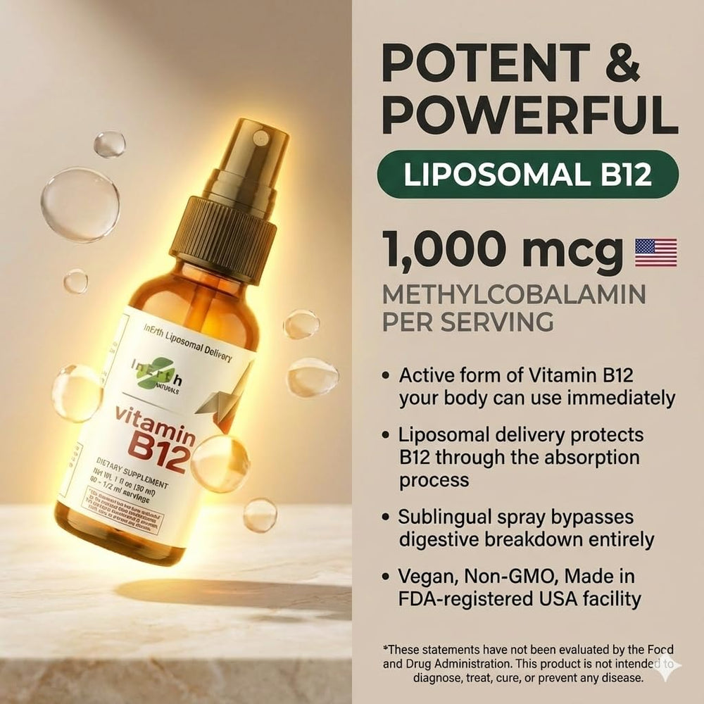 Inerth Naturals B12 spray label closeup showing vegan, clean formula