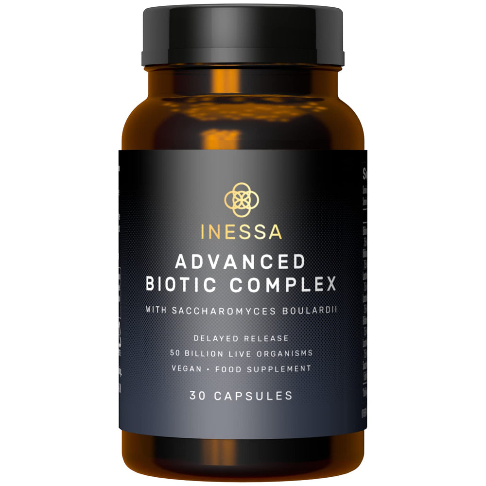 Inessa Advanced Biotic Complex bottle with delayed-release capsules for gut health.