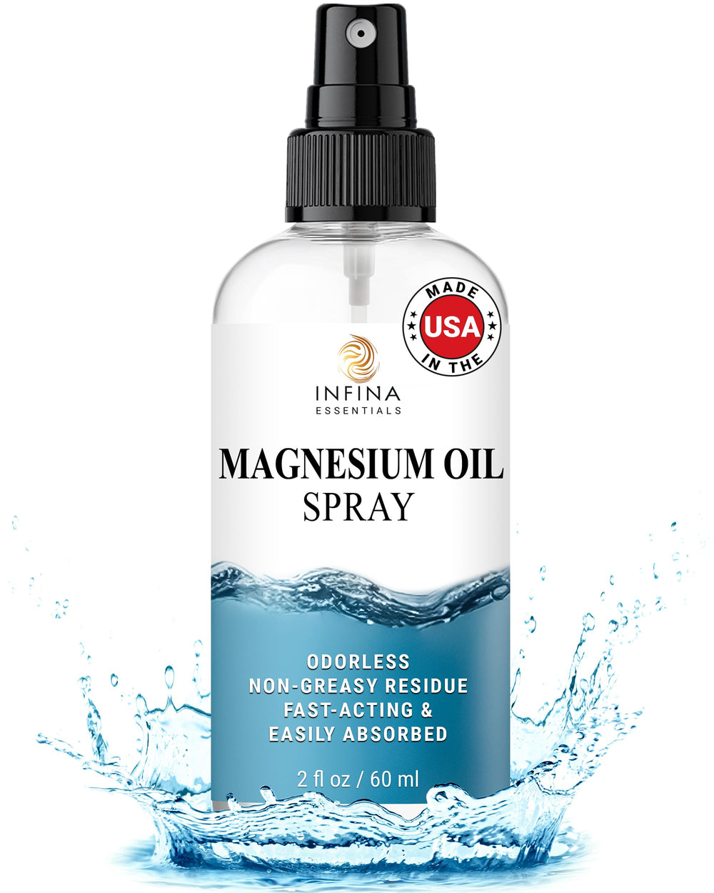INFINA ESSENTIALS magnesium oil spray bottle close-up showing hydration