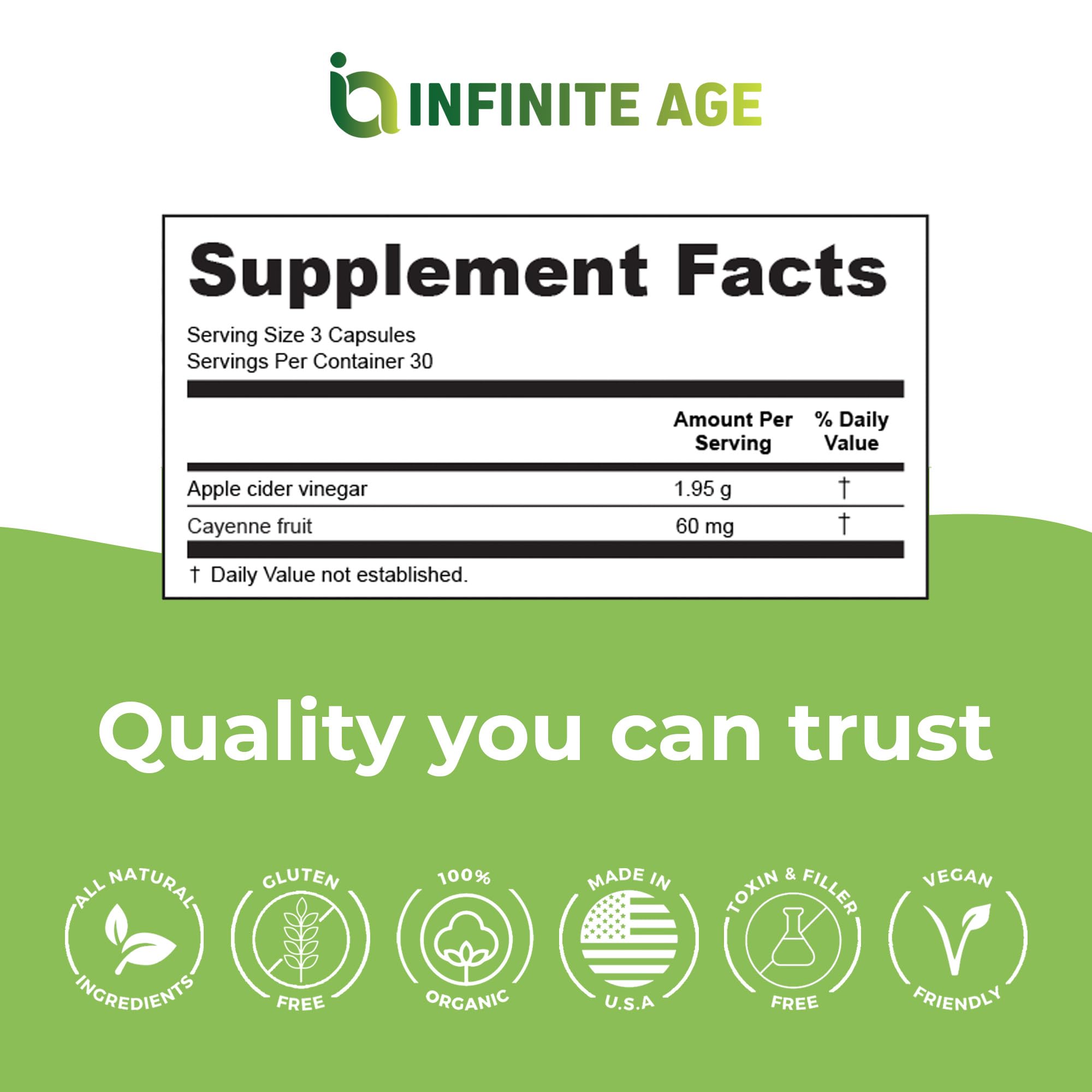 Infinite Age ACV capsules on kitchen counter, vegan and gluten-free claim visible.
