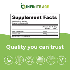 Infinite Age ACV capsules on kitchen counter, vegan and gluten-free claim visible.
