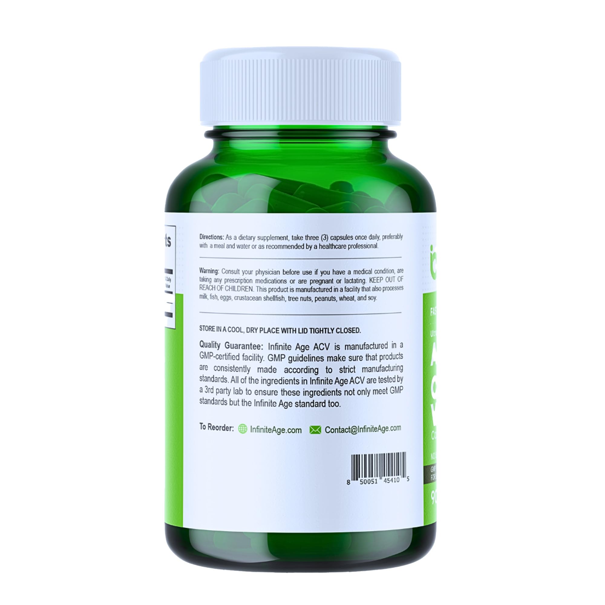 Infinite Age ACV cayenne capsules label close-up, showcasing digestive wellness potential.
