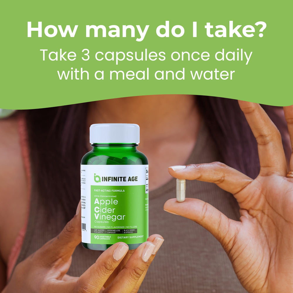Infinite Age bottle with glass of water, convenient daily supplement routine.