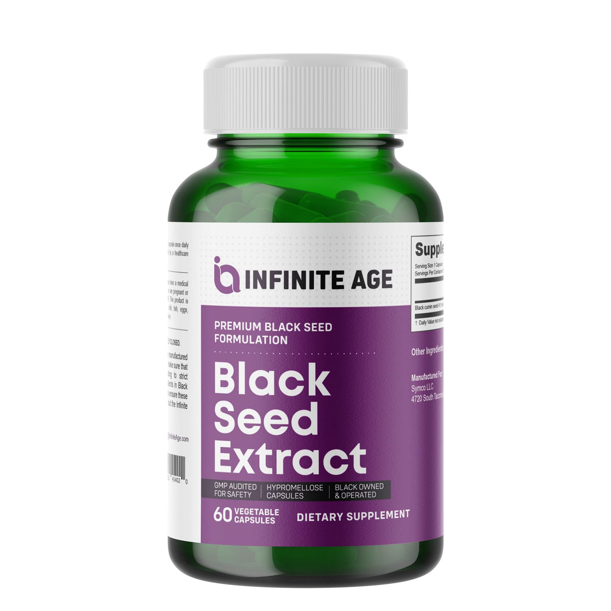 Infinite Age dry black seed capsules in a bottle for daily wellness and antioxidant support