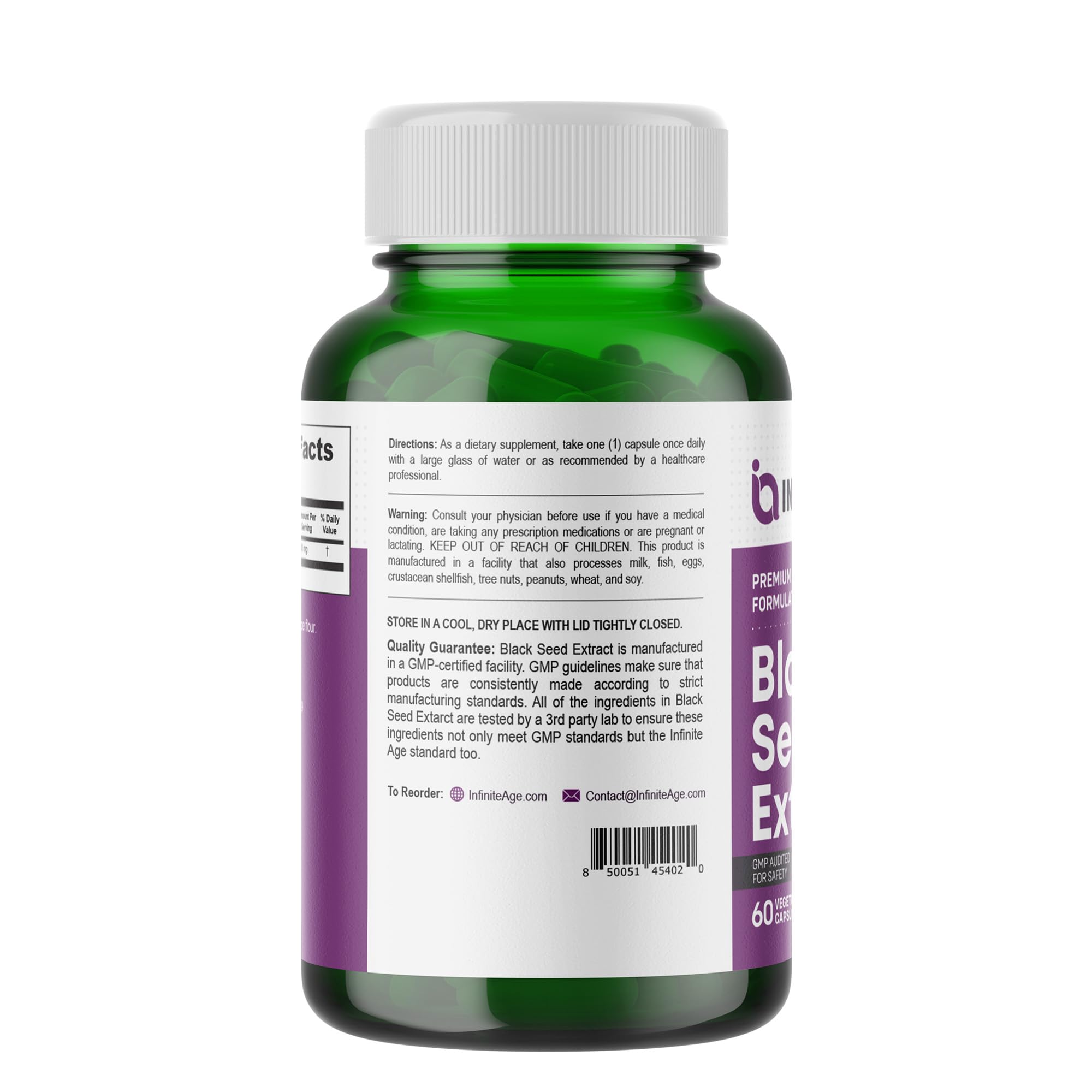 Infinite Age packaging box and bottle emphasizing vegan, solvent-free formulation