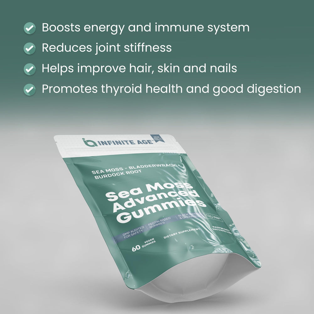 Ingredients panel of INFINITE AGE Sea Moss Advanced Gummies with Irish Sea Moss and Bladderwrack.
