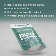 Ingredients panel of INFINITE AGE Sea Moss Advanced Gummies with Irish Sea Moss and Bladderwrack.
