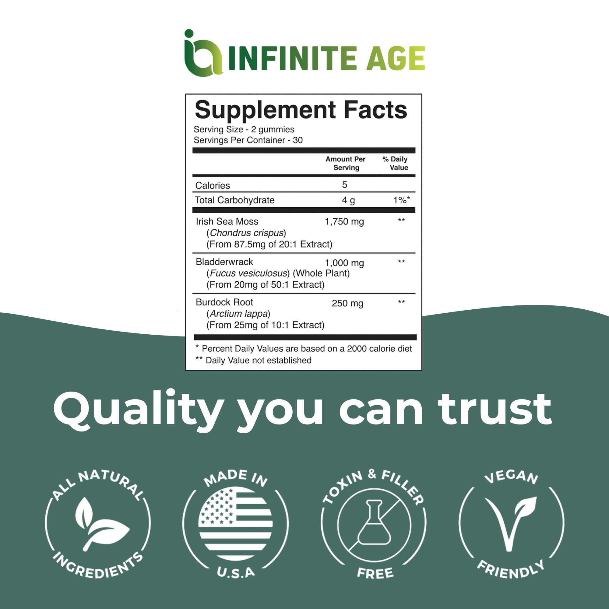 INFINITE AGE Sea Moss Advanced Gummies label highlighting vegan and USA-made credentials.