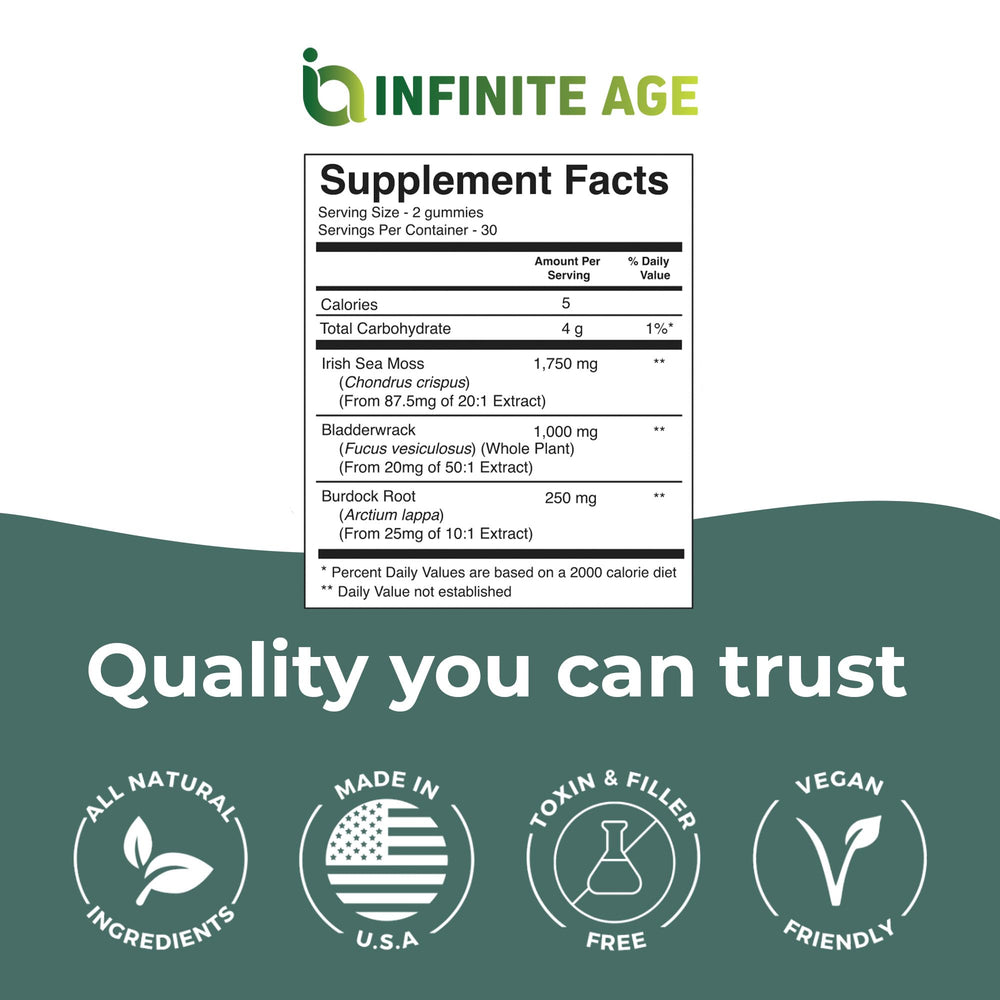 INFINITE AGE Sea Moss Advanced Gummies label highlighting vegan and USA-made credentials.