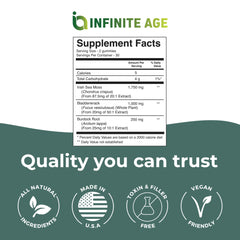 INFINITE AGE Sea Moss Advanced Gummies label highlighting vegan and USA-made credentials.