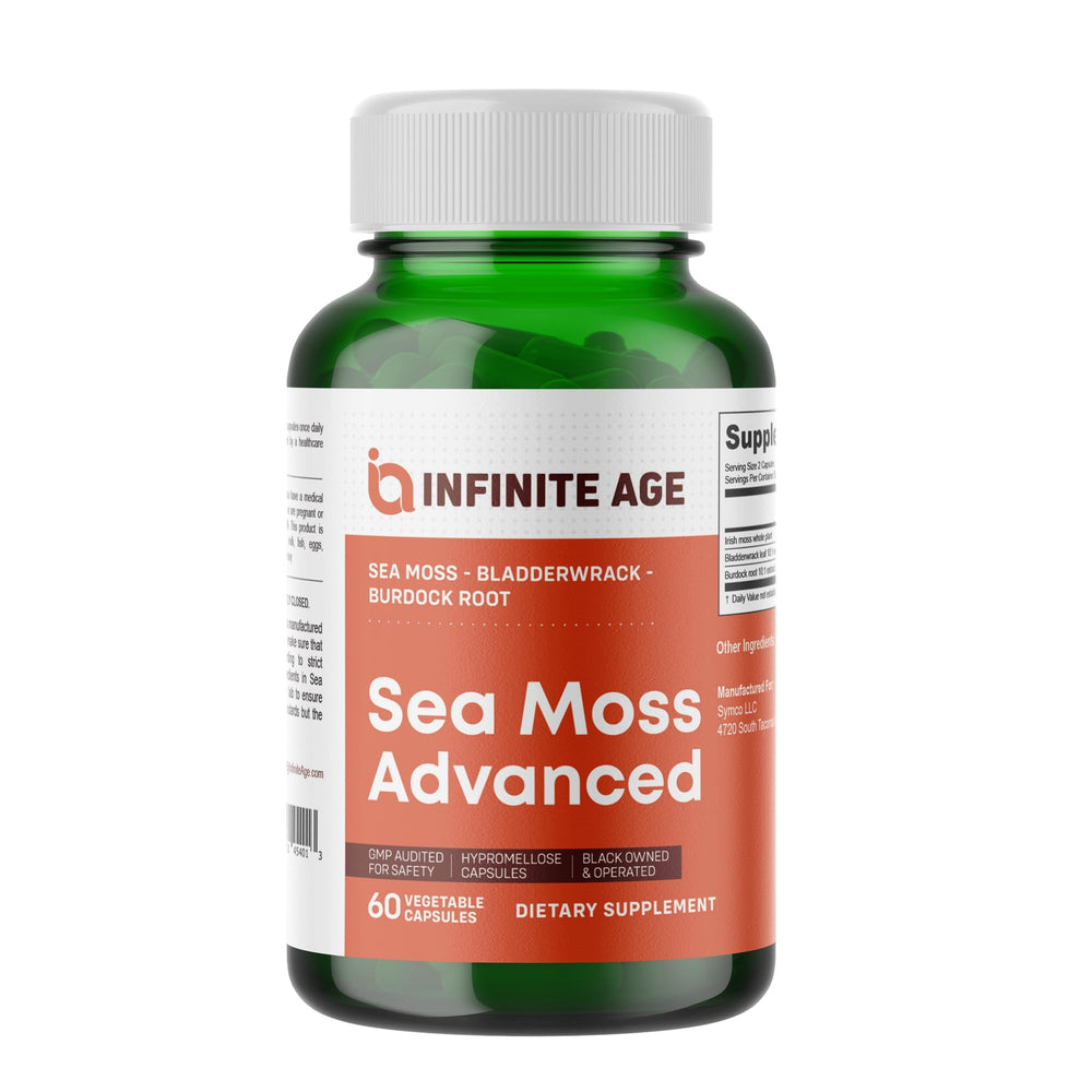 INFINITE AGE sea moss bottle front showing high-potency vegan capsules for daily wellness.