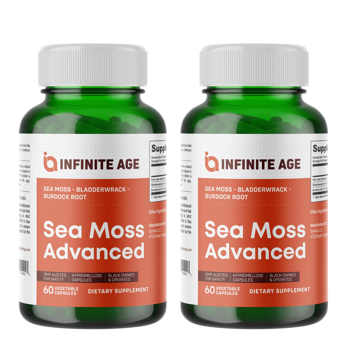 INFINITE AGE sea moss bottle front view highlighting convenient daily wellness support.