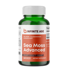 INFINITE AGE sea moss bottle front showing high-potency vegan capsules for daily wellness.