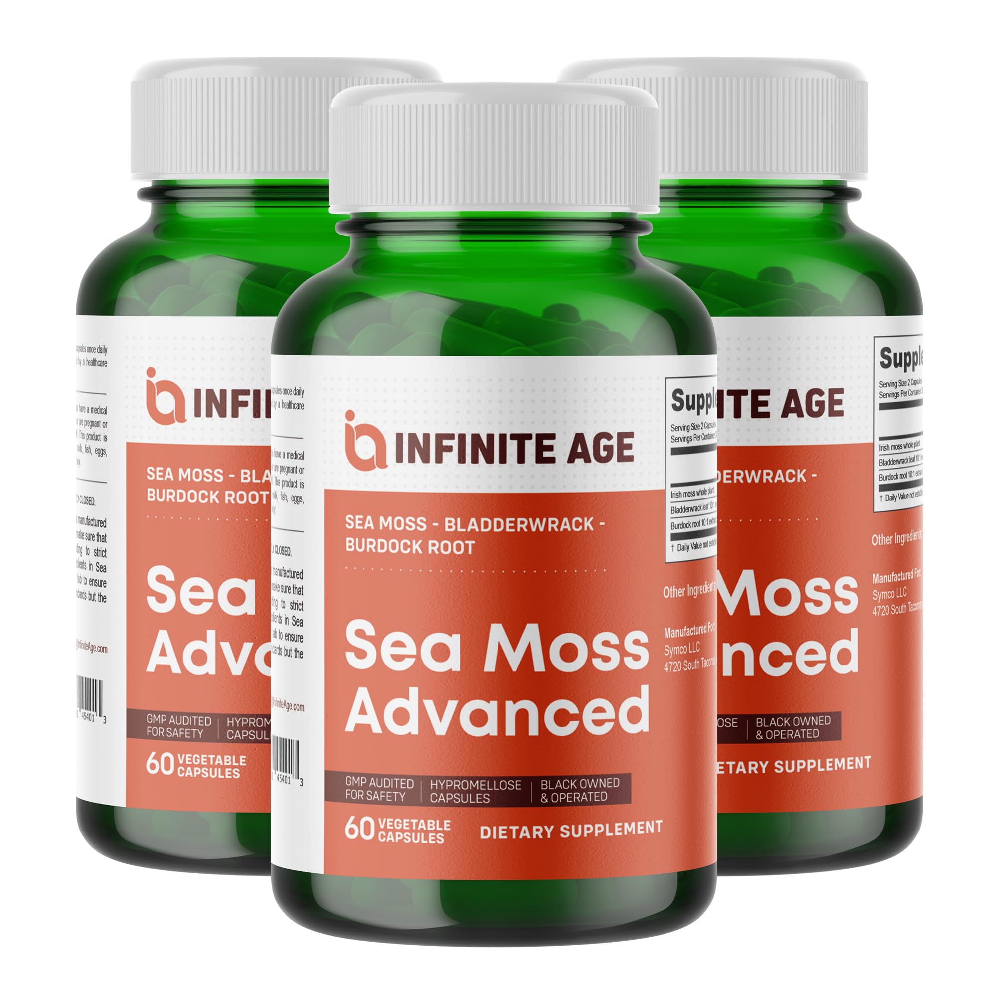 INFINITE AGE sea moss capsules 3-pack bottles for convenient daily supplementation.