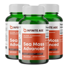 INFINITE AGE sea moss capsules 3-pack bottles for convenient daily supplementation.