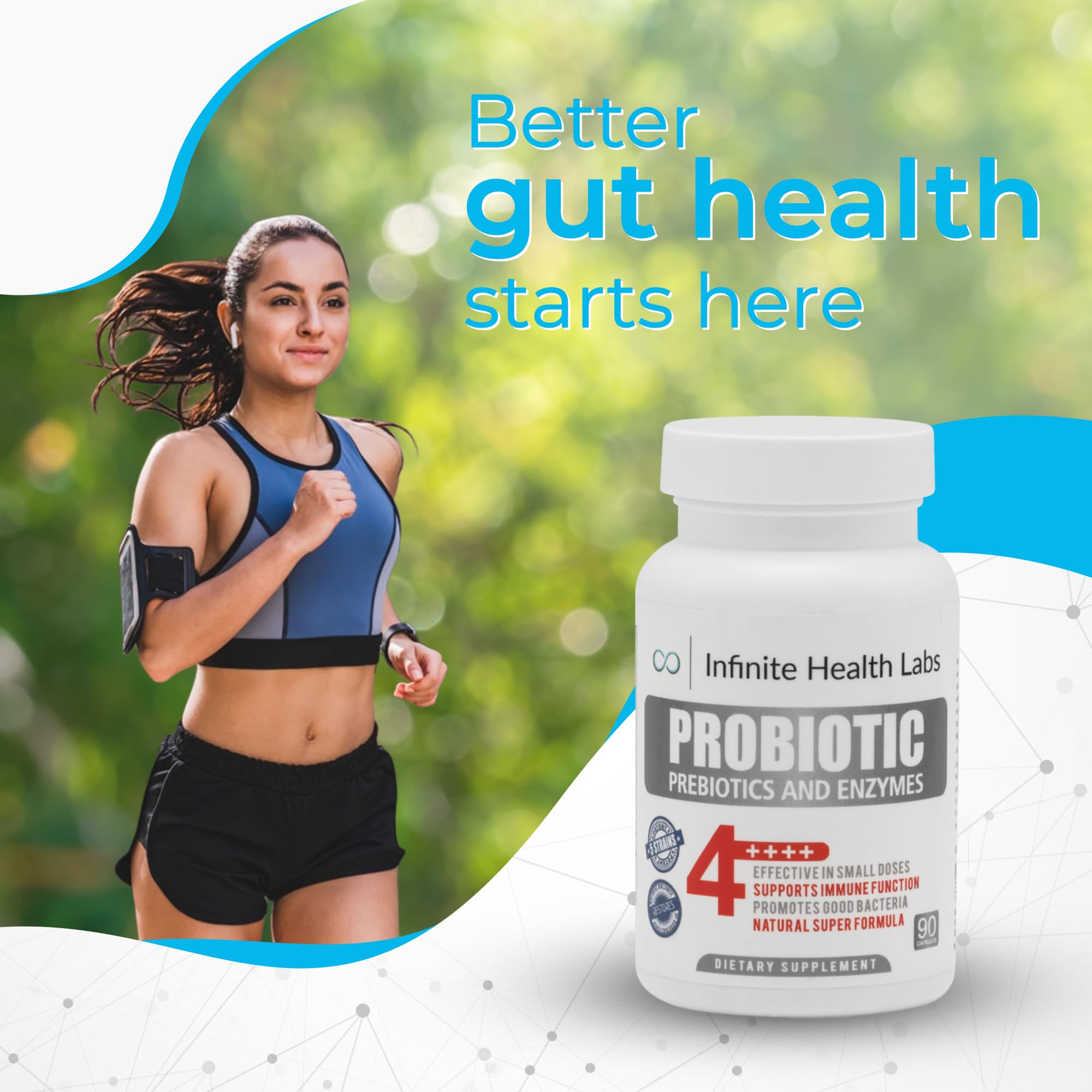 Infinite Health Labs probiotic bottle label highlights 2.1B CFU per capsule.