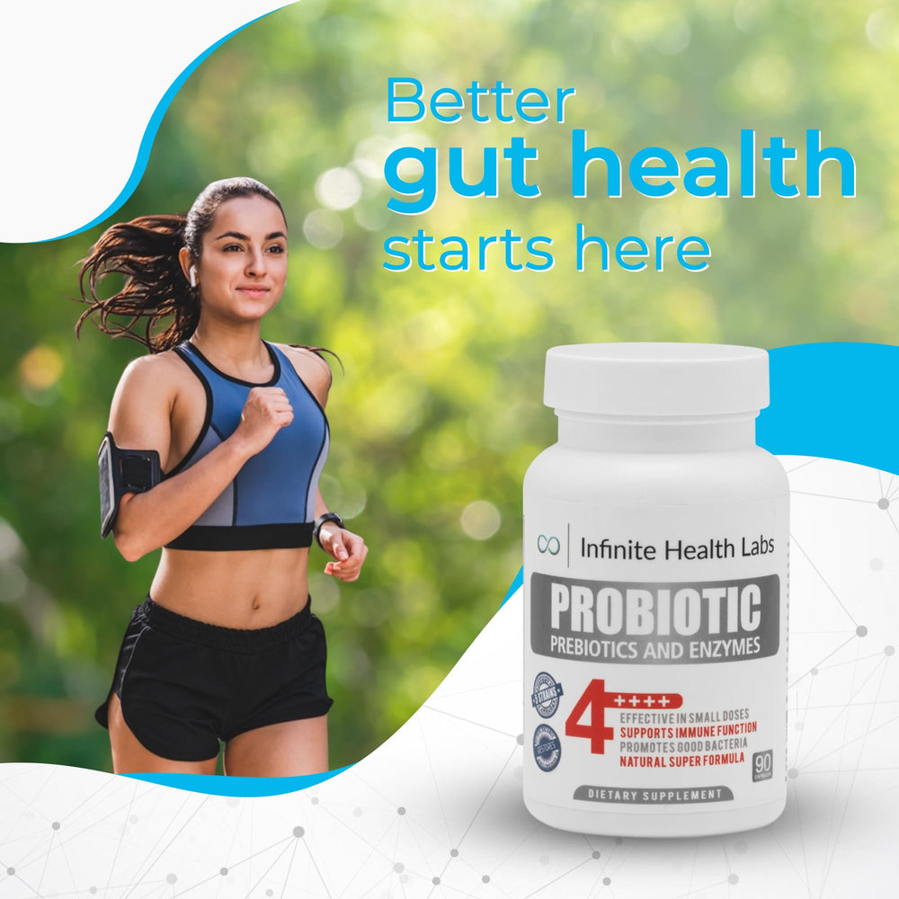 Infinite Health Labs probiotic bottle label highlights 2.1B CFU per capsule.