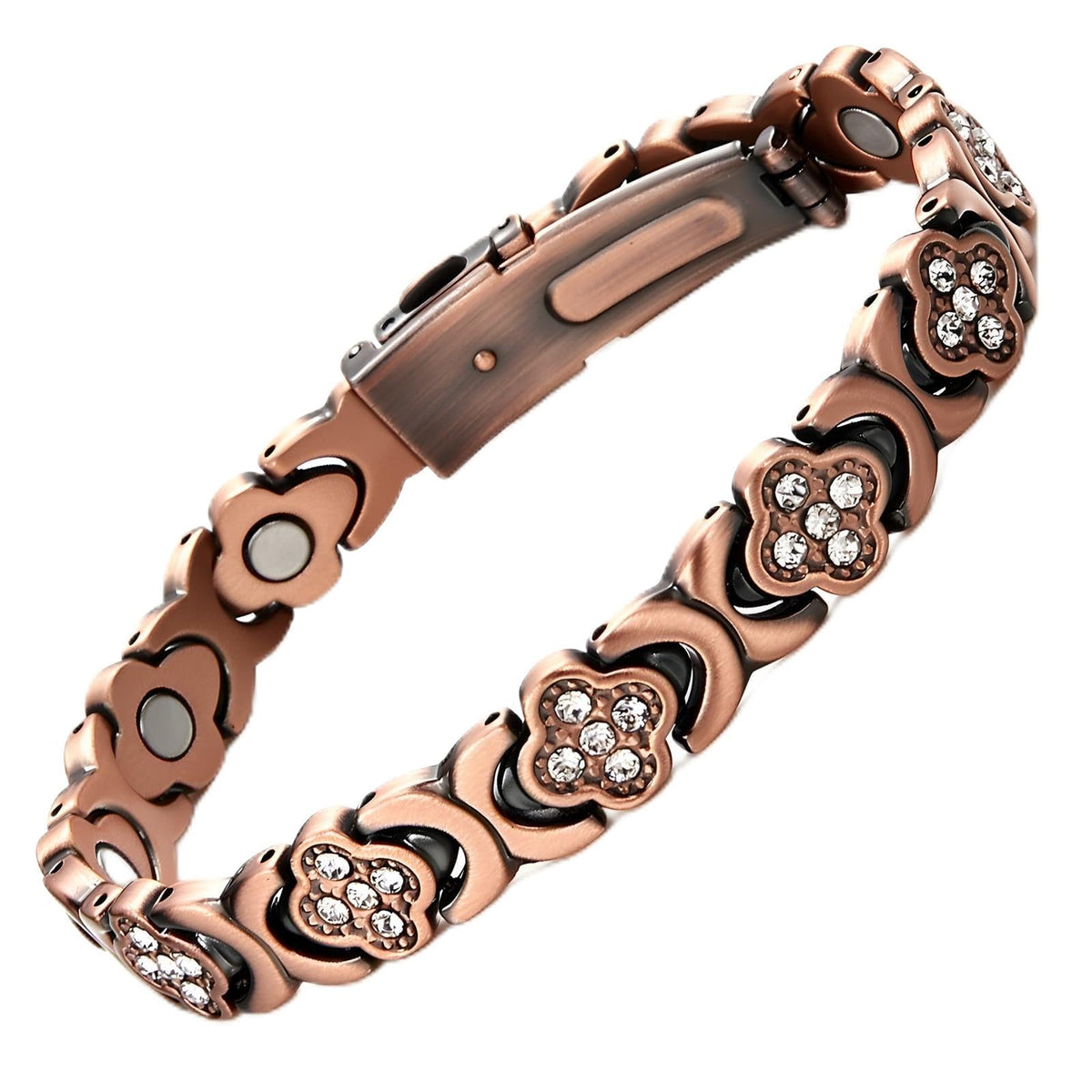 Infinity Clover copper bracelet close-up showing adjustable sizing tool.