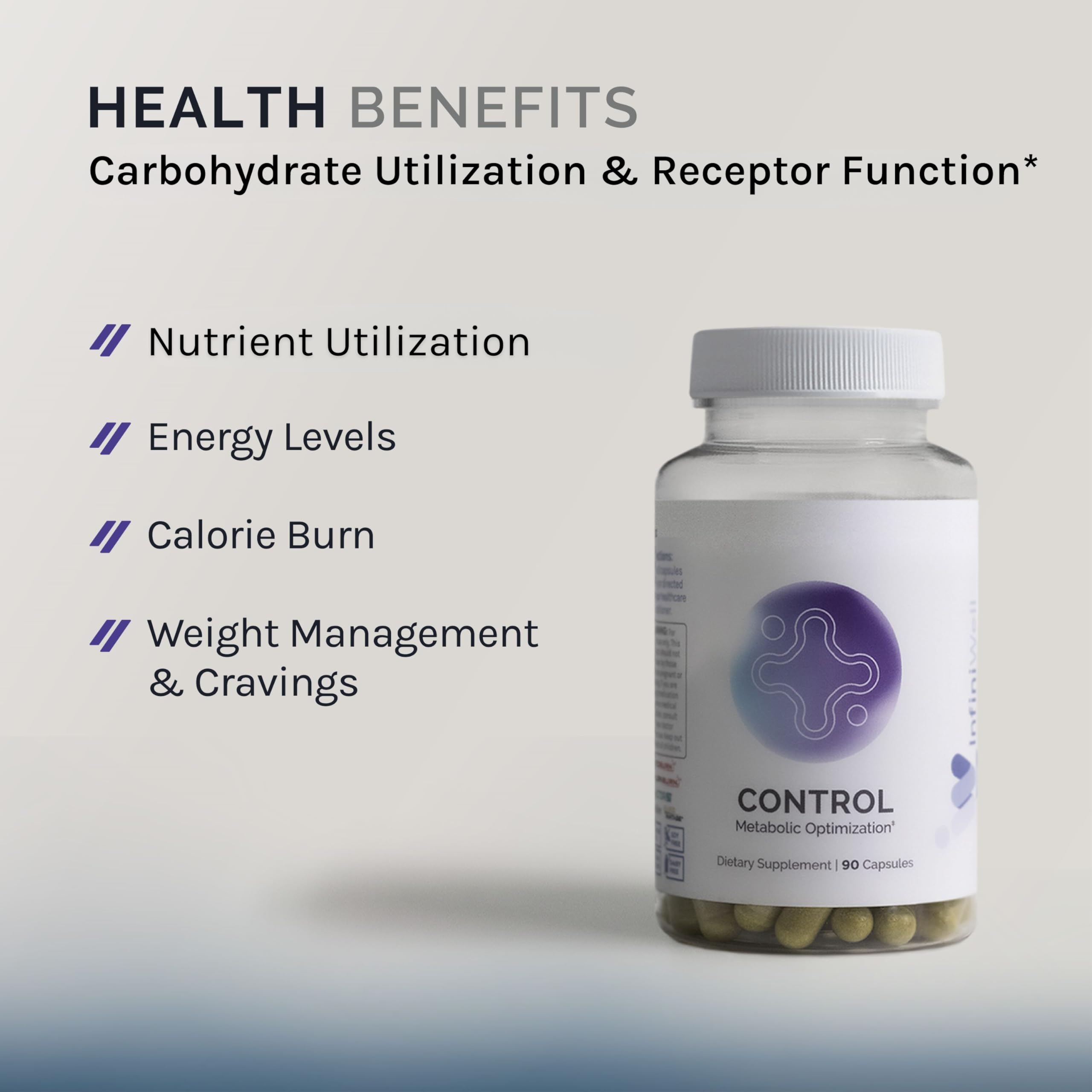 InfiniWell Control capsules resting in the bottle for convenient metabolic energy aid.