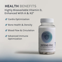InfiniWell Defend Pro label highlights vitamins A, D3 and K2.