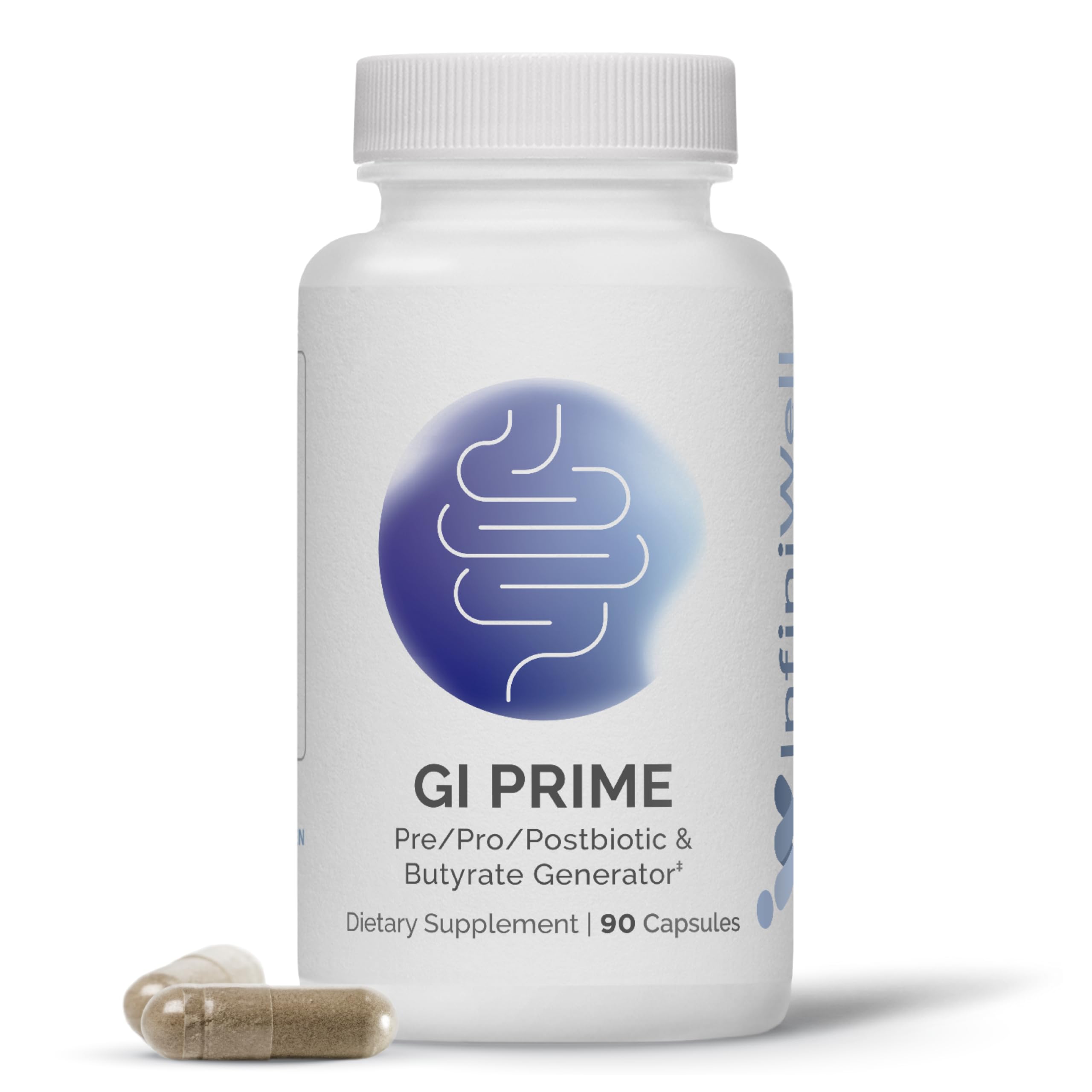 InfiniWell GI Prime bottle front displaying 90 capsules for digestive health.