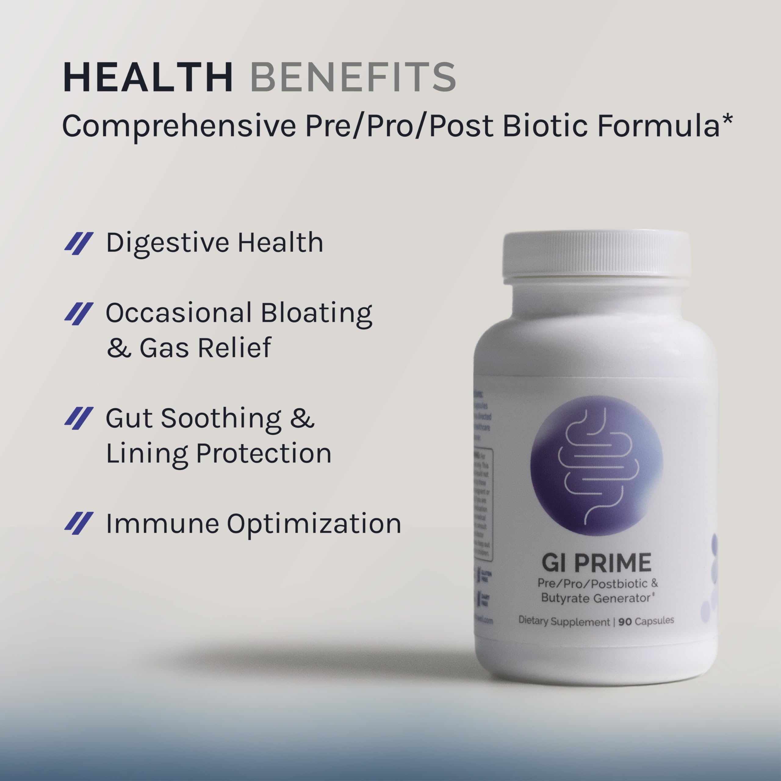 InfiniWell GI Prime ingredients chart featuring EpiCor, IMMUSE, and ButyraGen for immune balance.