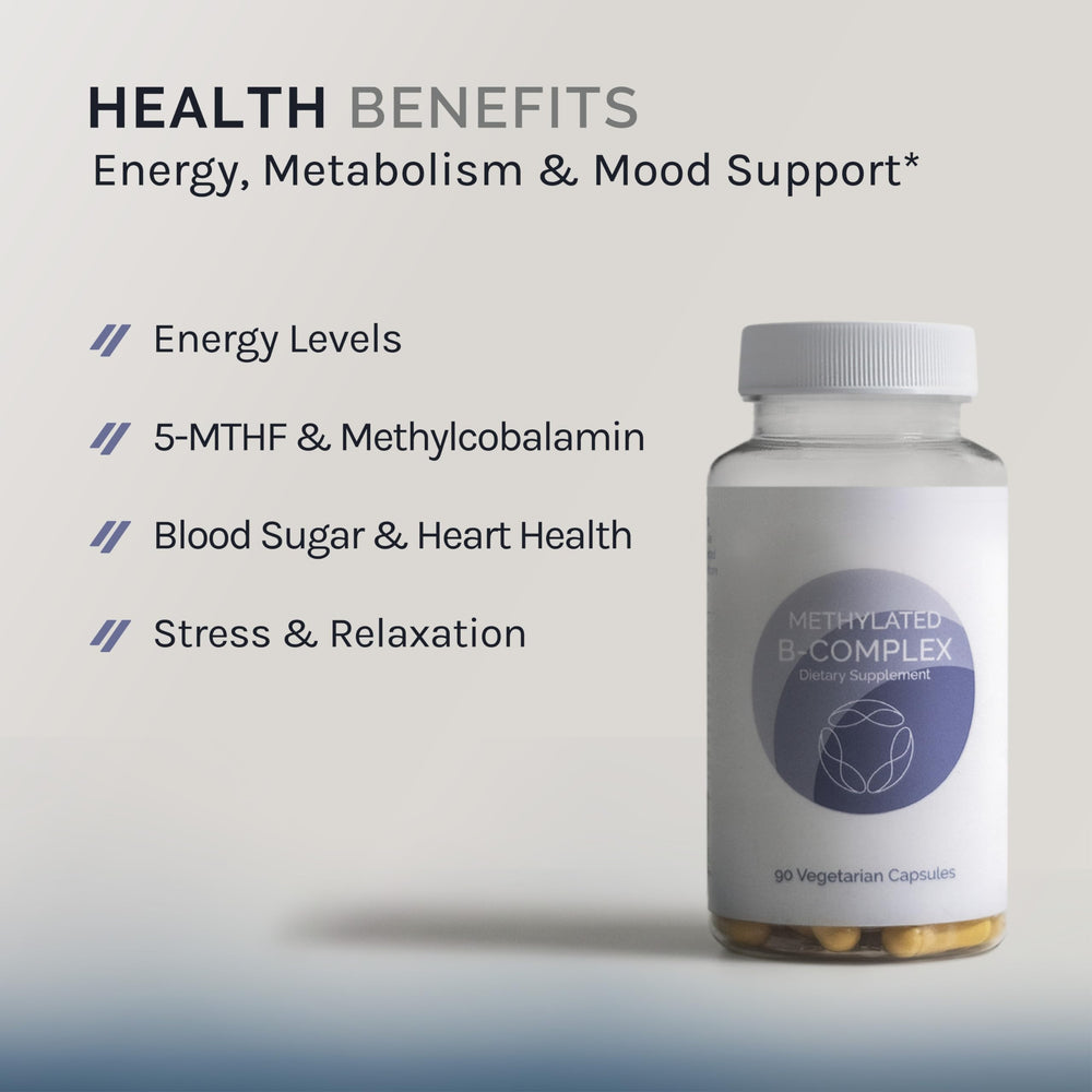 InfiniWell Methylated B Complex bottle back label highlights 5-MTHF folate and active vitamins.