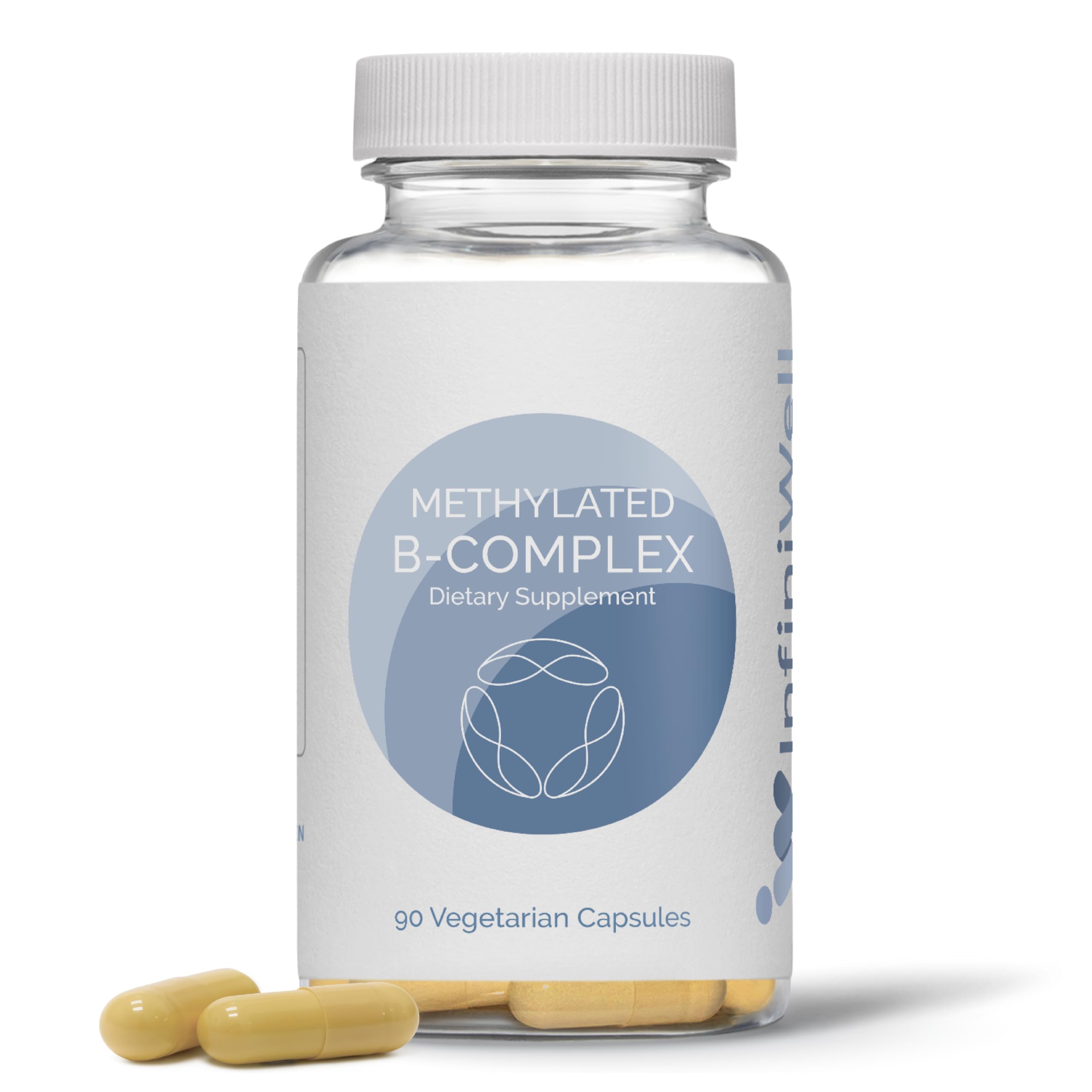 InfiniWell Methylated B Complex bottle front shows high-potency B vitamins for energy support.