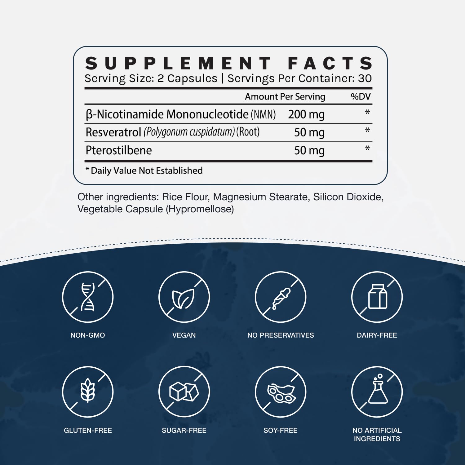 InfiniWell NMN label close-up with resveratrol and pterostilbene branding.