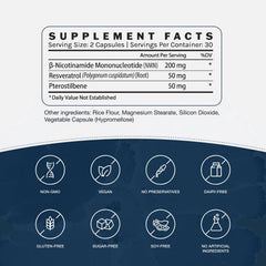 InfiniWell NMN label close-up with resveratrol and pterostilbene branding.