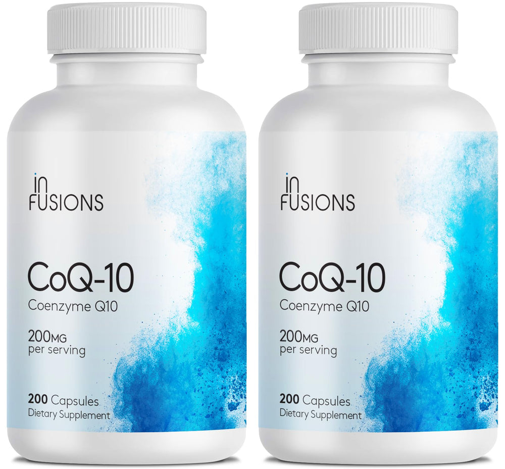 Infusions International CoQ10 200mg bottle front with clean branding and daily-use implications