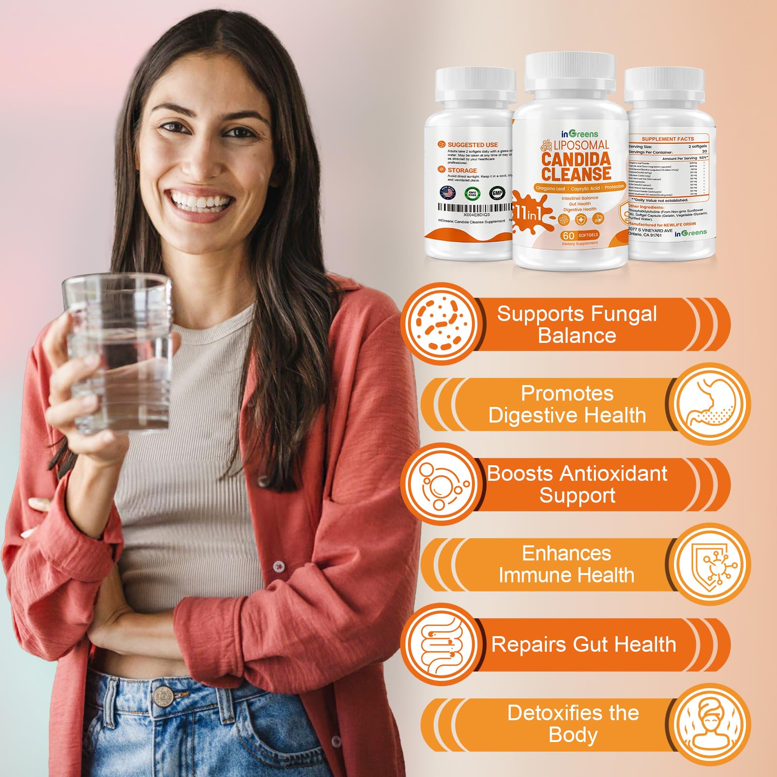 inGreens candida softgels capsules closeup emphasizes 11-benefit blend for digestive balance.