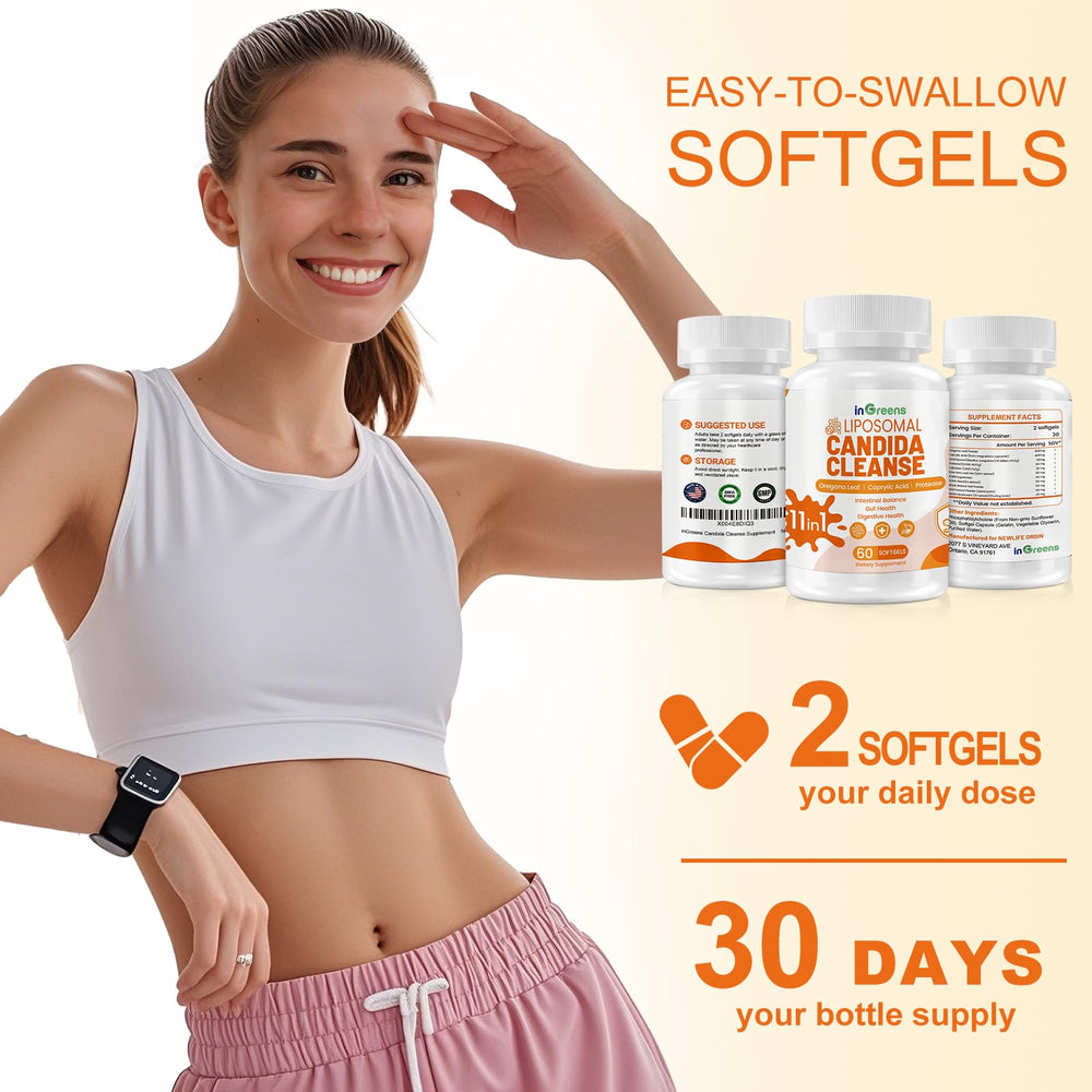 inGreens candida softgels packaging display conveys product size and user-friendly design.
