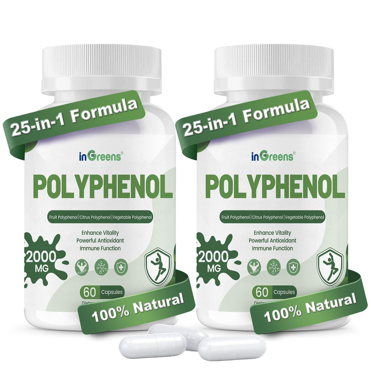 inGreens 25-in-1 polyphenols bottle front highlighting antioxidant blend for daily vitality.