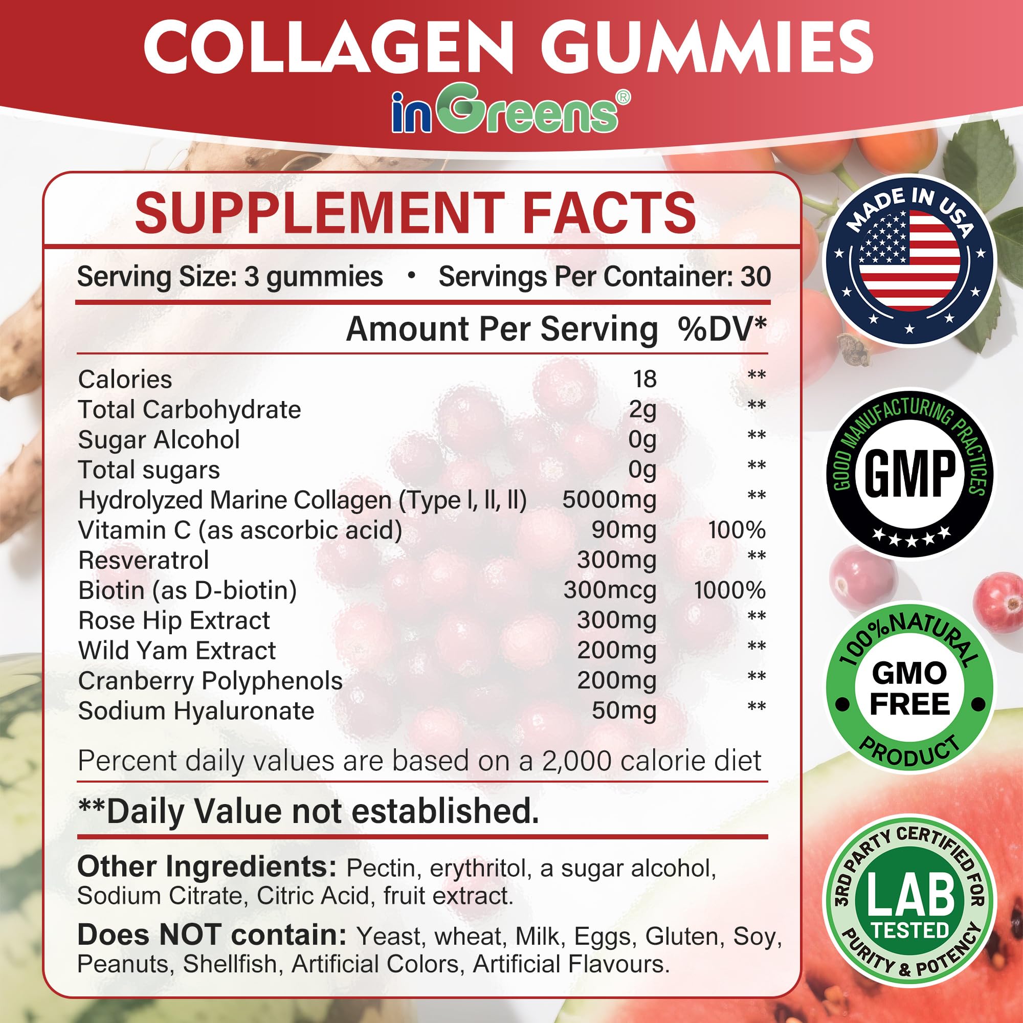 inGreens collagen gummies pack image emphasizes resealable pouch and sugar-free formula.