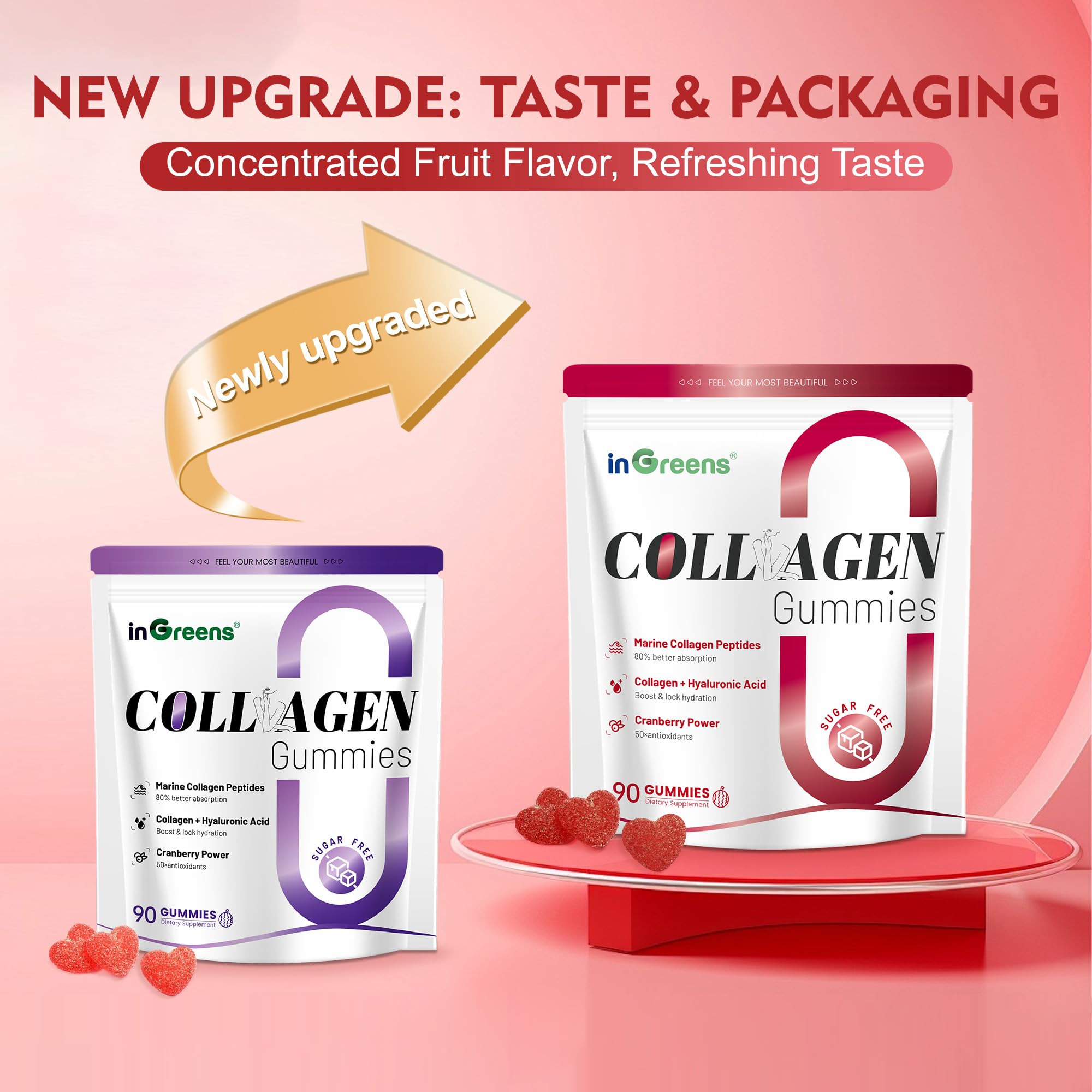 inGreens collagen gummies serving close-up highlights 90-count pouch for convenient daily use.