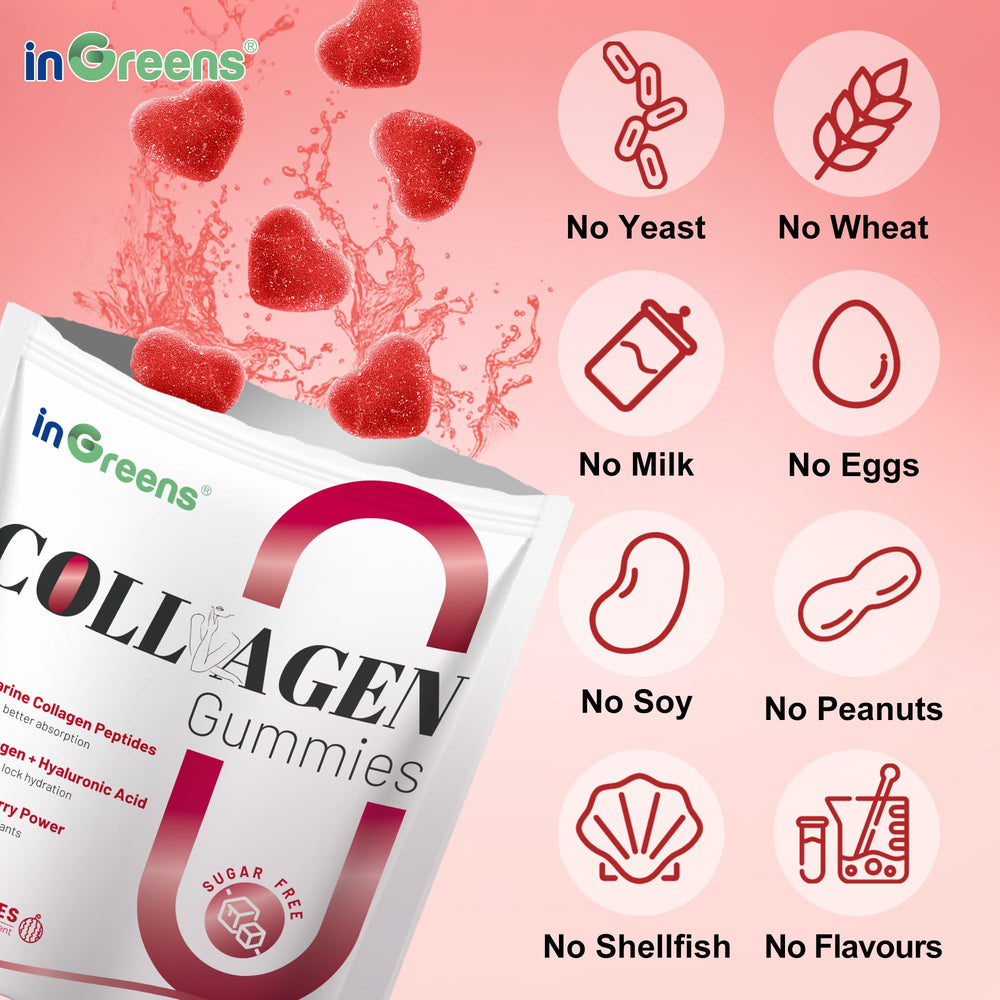 inGreens collagen gummies sugar-free label highlights zero sugar and low calories.