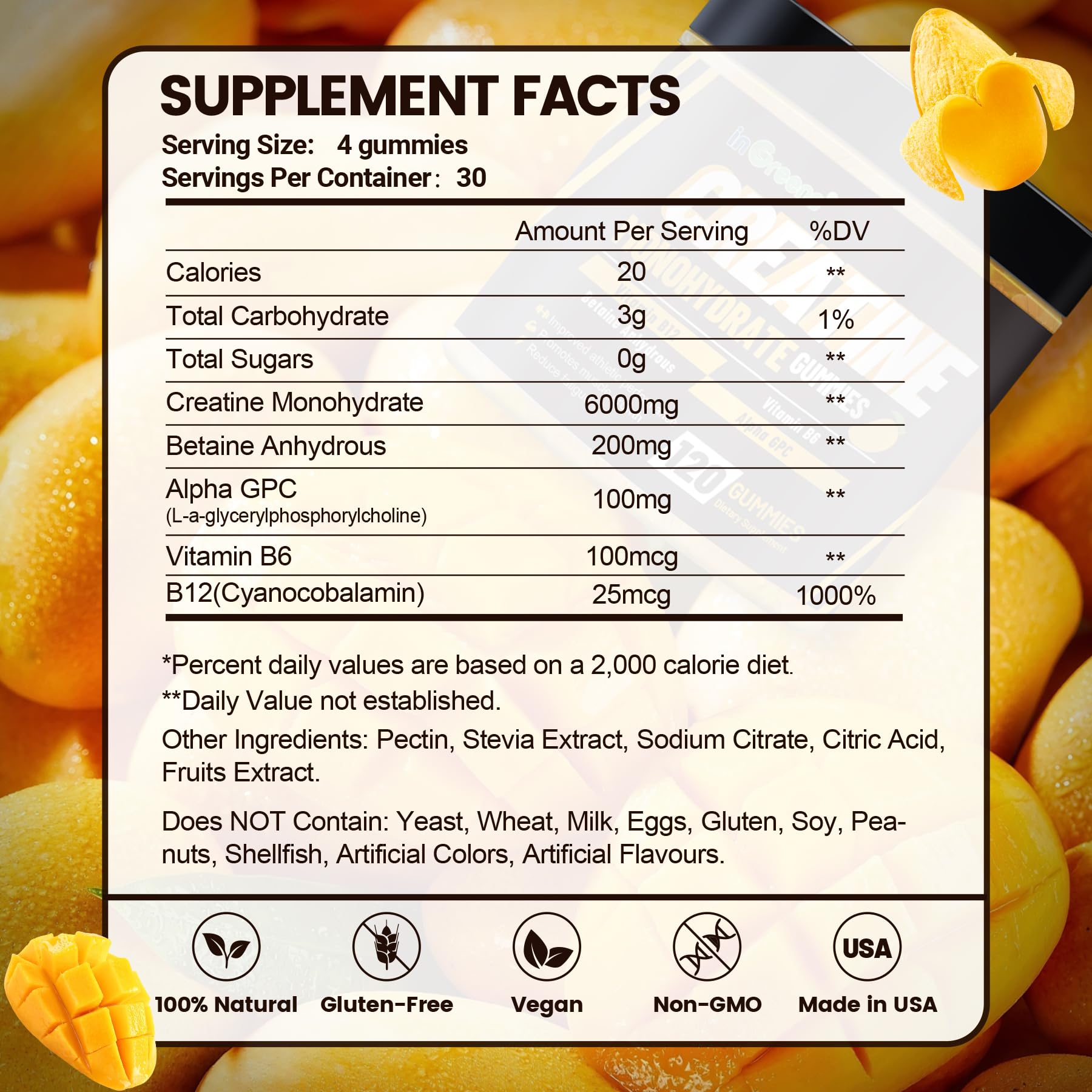 inGreens Creatine Gummies back view; nutrition details for endurance and recovery.